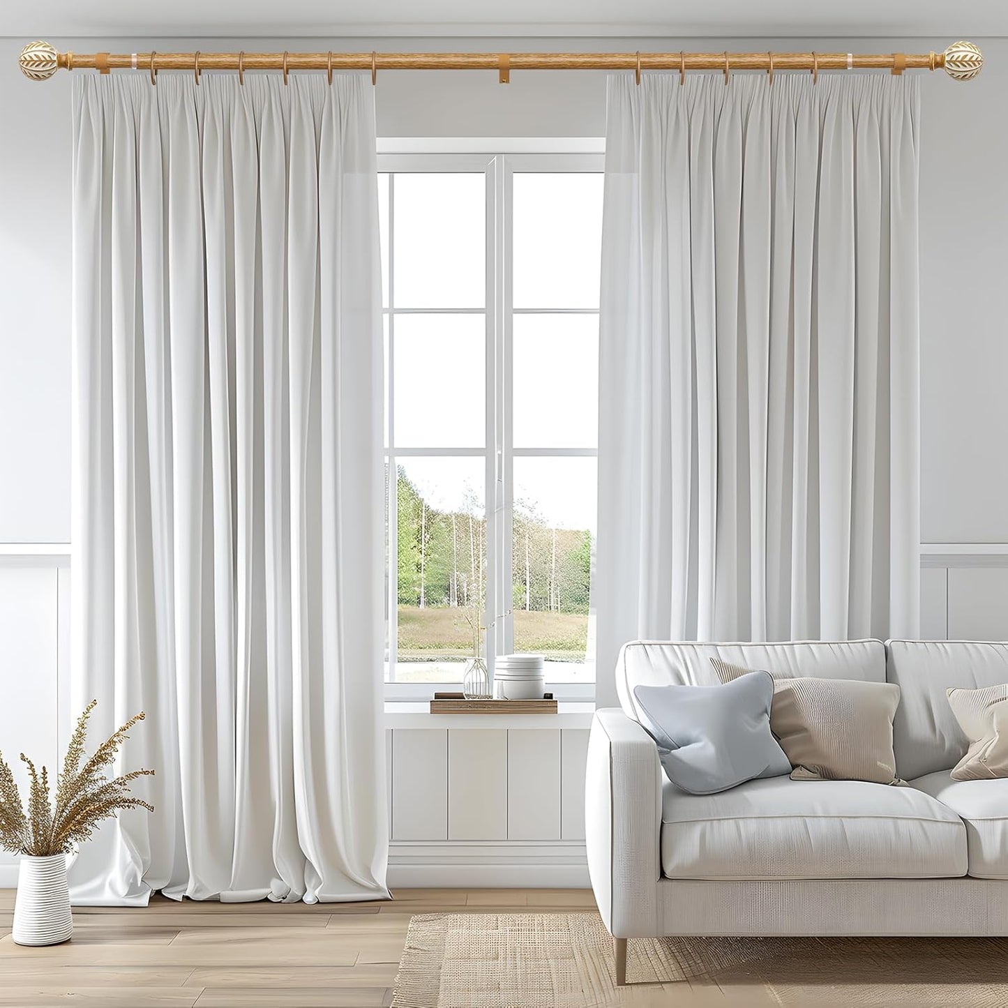 2 Pack Boho Wood Curtain Rods for Windows 28 to 48 inch,1" Adjustable Heavy Duty Window Curtain Rod with Imitation Wood Grain Finials,Rustic Decorative Drapery Rods Set 18-60'',Maple Wood