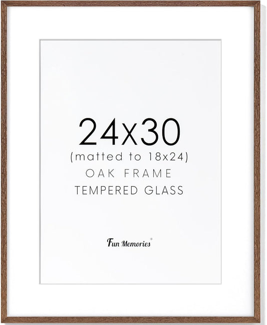 Fun Memories 24x30 Oak Wood Picture Frame, 24"x30" Poster Frame for Wall, 24 by 30 Frame with Tempered Real Glass, 24x30 Matted Frame for 18x24 Picture, 24x30 Inch Photo Frames (Walnut Color, 1 Pack)
