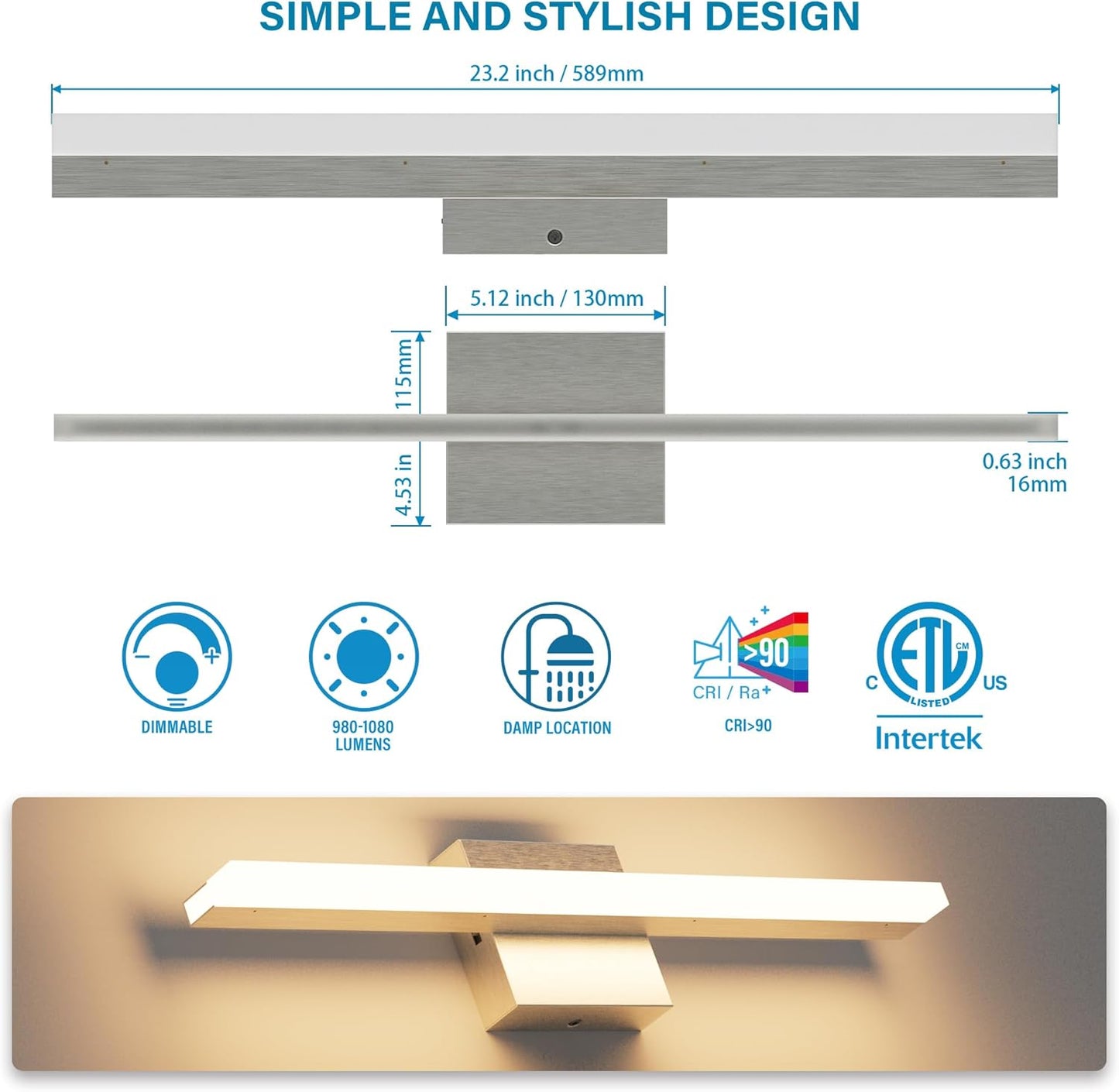 ZAGO 24 Inch Bathroom Linear Vanity Light Fixtures Over Mirror - LED Modern Wall Mounted Adjustable Hardwired Picture Lighting Bar with 5CCT Switchable, ETL & Damp Rated, Chrome, 2 Packs