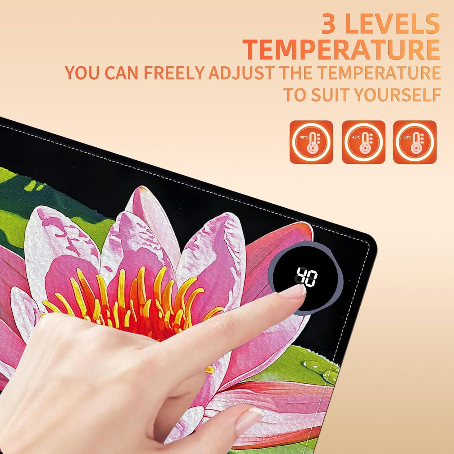 Heated Mouse Pad, Warm Desk Pad, Keyboard Mat 23.6 x 14 Inch Large Size Intelligent Fast Heating, 3 Speed Adjustable, Timed Auto Power Off for Game Office Home, Lotus Flower
