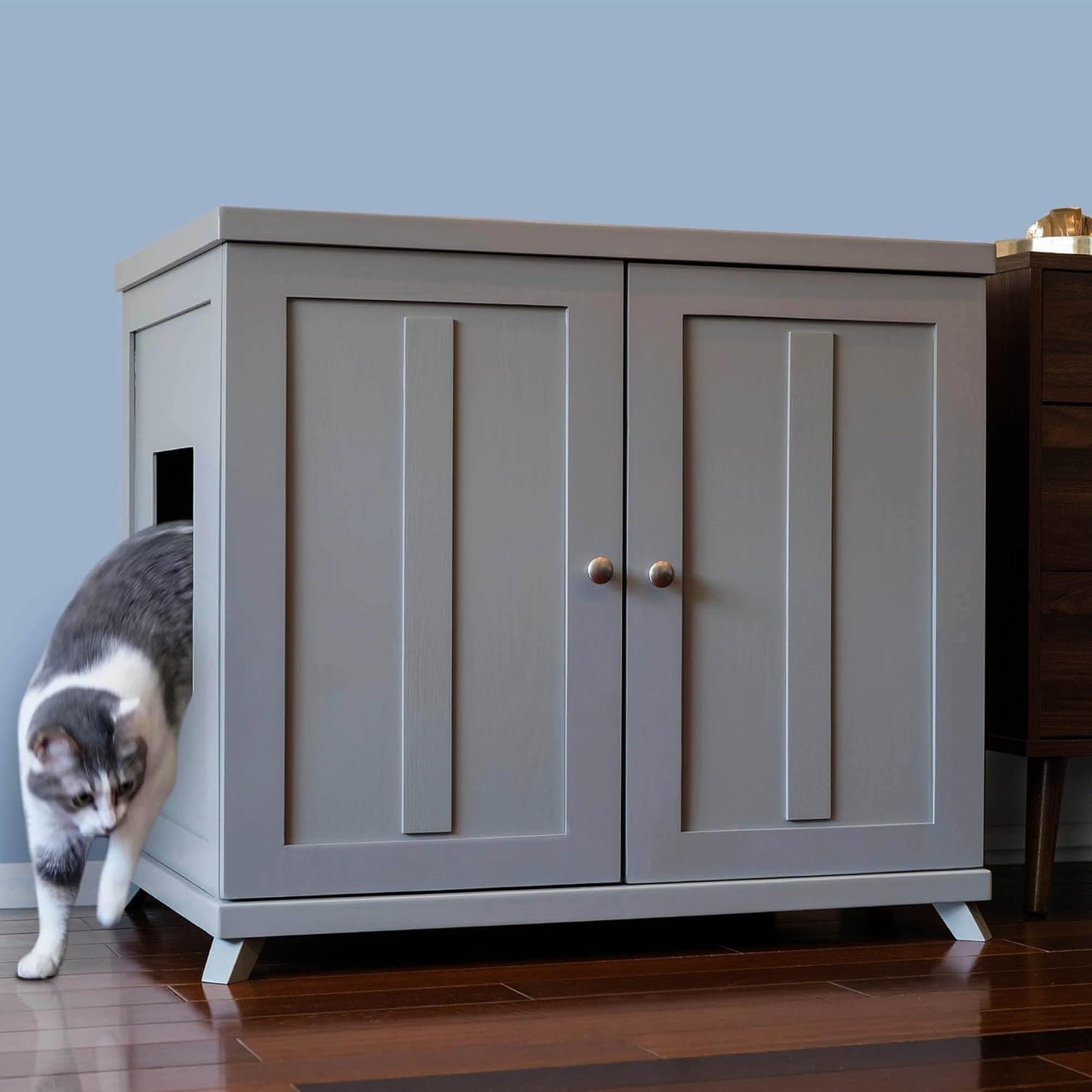 The Refined Feline Cat Litter Box Enclosure Cabinet, Shaker, Smoke Gray, Mid-Century Feet, XLarge, Hidden Litter Cat Furniture with Drawer