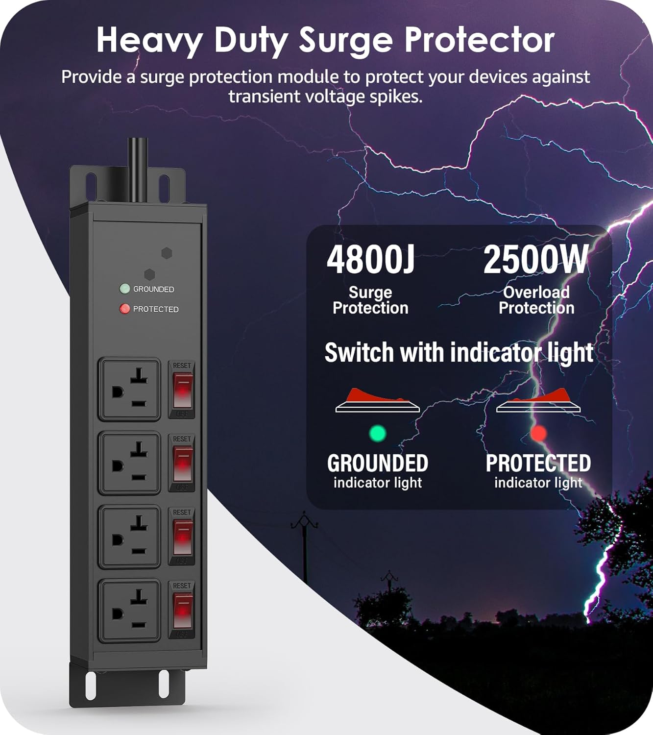 CCCEI Heavy Duty Surge Protector Power Strip 20 Amp Individual Switches. 25FT 12 Gauge Extension Cord with Multiple Outlets. Kitchen, Garage, Shop, Industrial Wall Mount Electric Extender, Black.