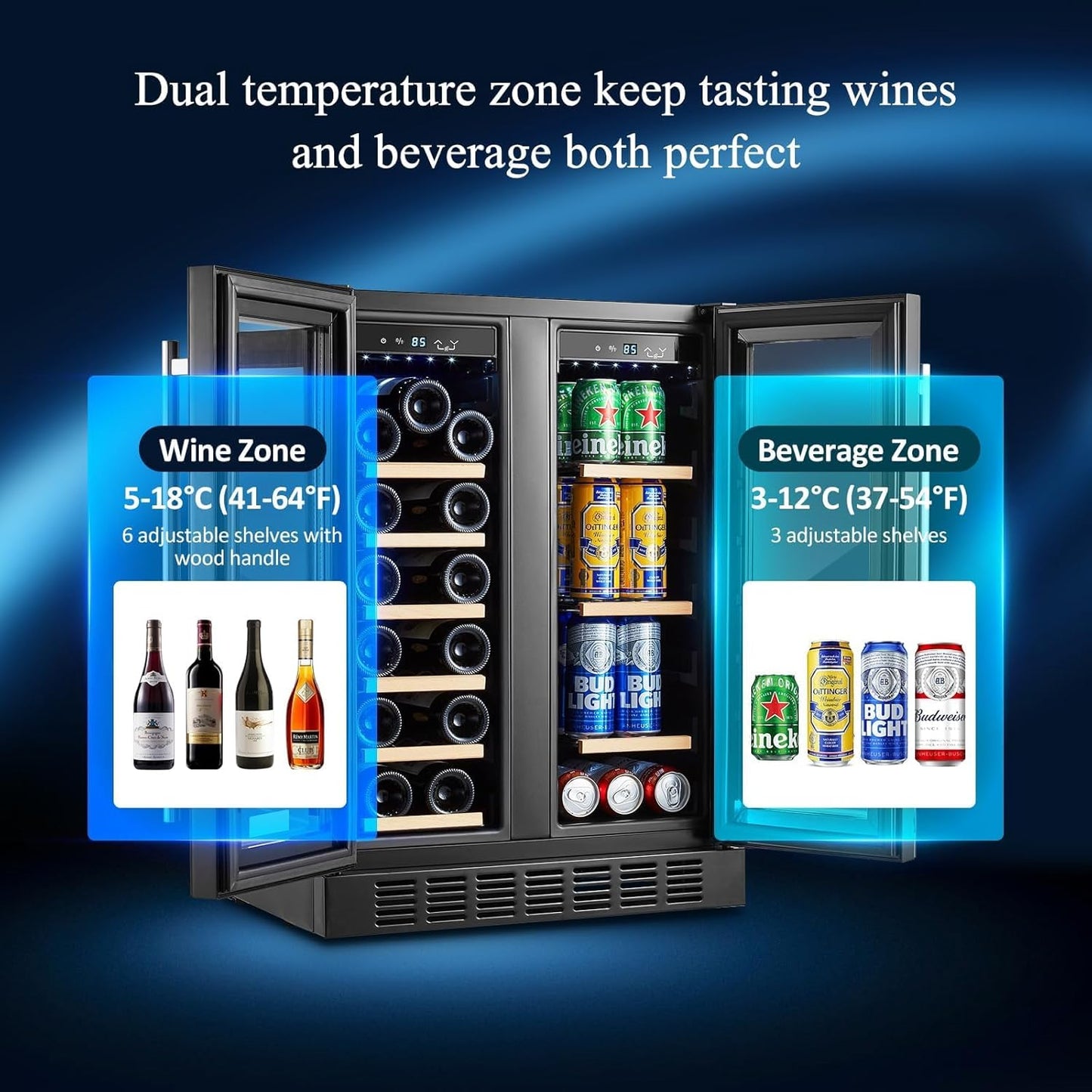 BODEGA Beverage Refrigerator Black, 24 Inch Dual Zone Wine and Beverage Cooler Under Counter, Drink Fridge for Beer, Soda, Wine, Champagne, Holds 41 Cans and 17 Bottles