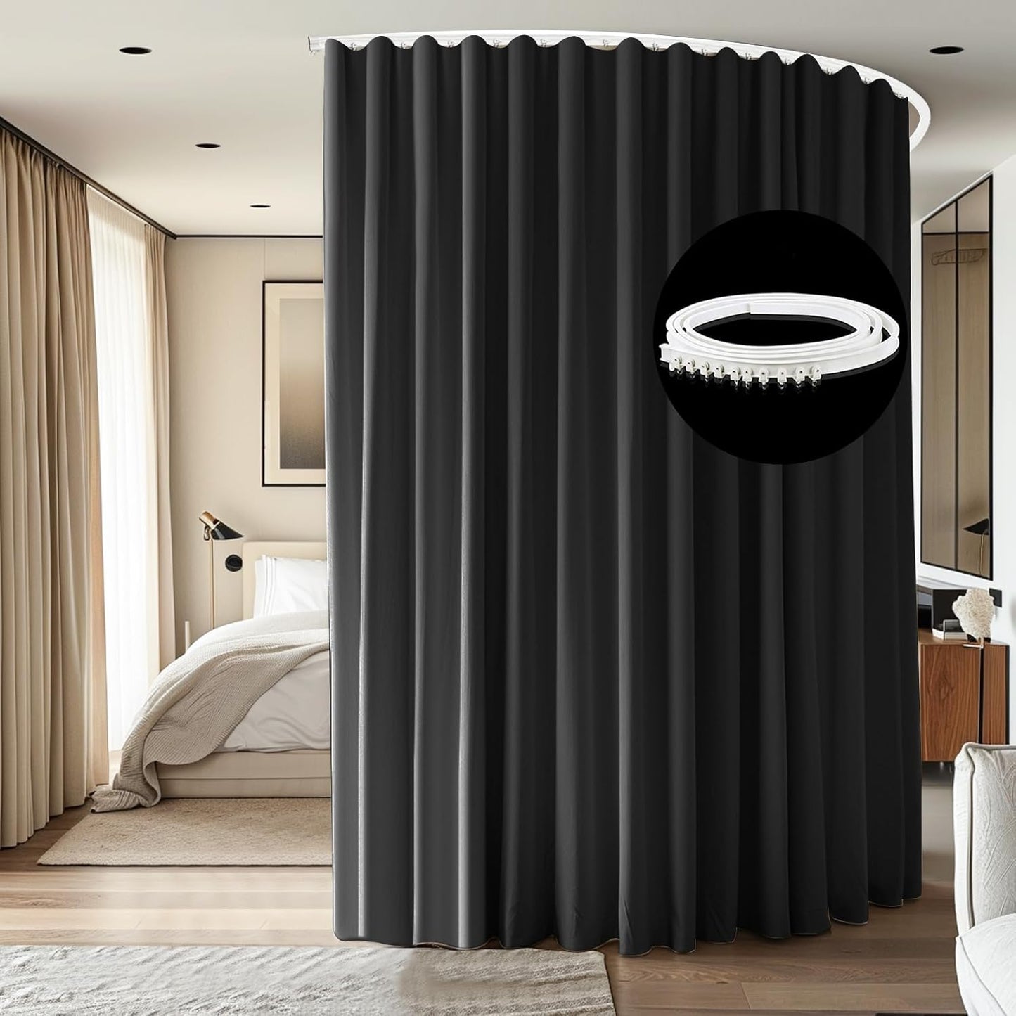Room Divider Ceiling Mounted Curtains Track Sets Extra Wide Blackout Curtain Flexible Tracks for Bedroom Privacy Partition Separator, 1 Panel Black Drape and White Rail, W10 x H9ft
