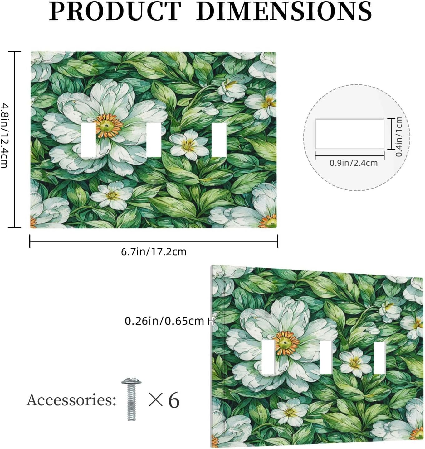 Vintage Floral White Flowers Green Plants Leaves Decorative Switch Plates 3 Gang Wall Plate Triple Toggle Light Switch Cover Electrical Wall Panels Faceplate for Bedroom Bathroom Decor