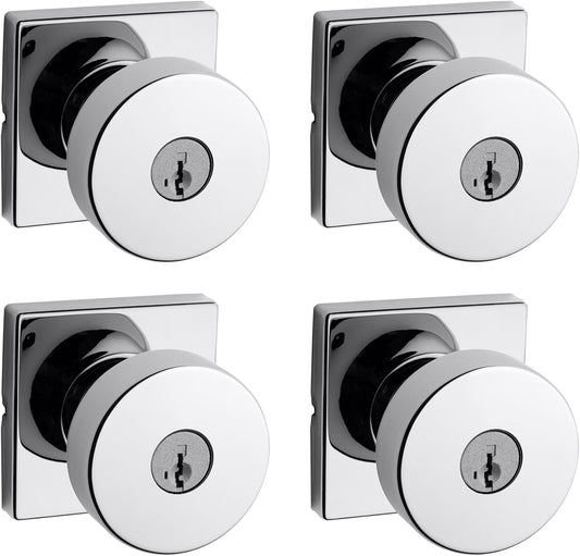 Kwikset Pismo Entry Door Knob with Lock and Key, Secure Keyed Handle Exterior, Front Entrance and Bedroom, Polished Chrome, 4 Pack, Pick Resistant SmartKey Rekey Security