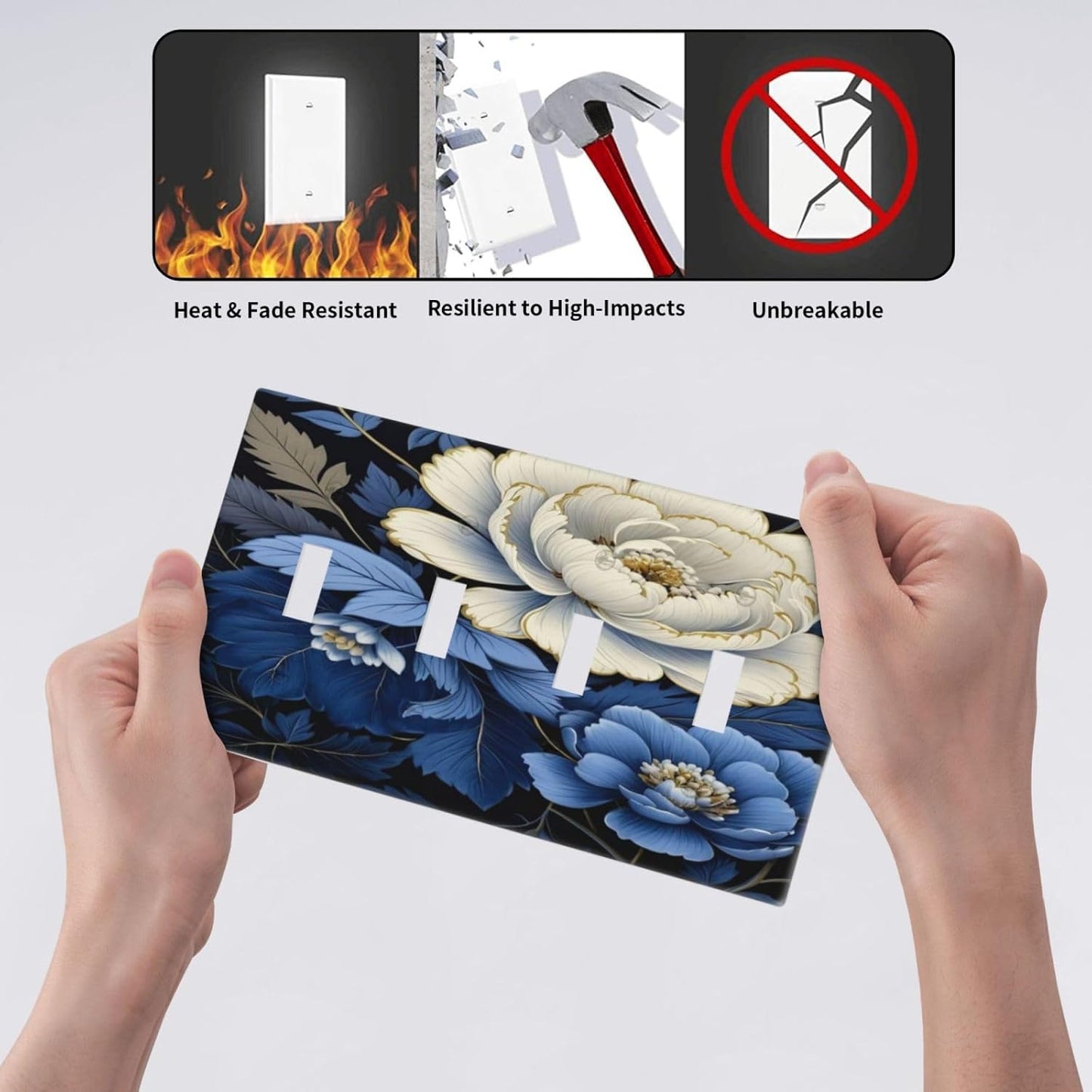 Blue White Flowers Light Switch Covers Quad Toggle 4 Gang Wall Plate Decorative Switchplate Electrical Faceplate for Farmhouse Bathroom Living Decor