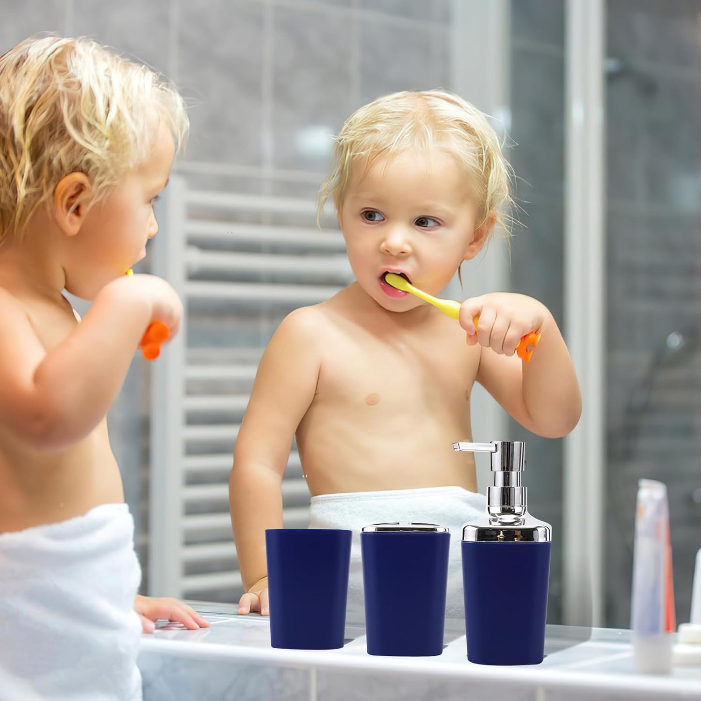 Blue Bathroom Accessories Set, Bathroom Sets with Shower Curtain, Navy Blue Bathroom Accessories with Trash Can, Soap Dispenser, Soap Dish, Toilet Brush Holder, Qtip Holders for Bathroom
