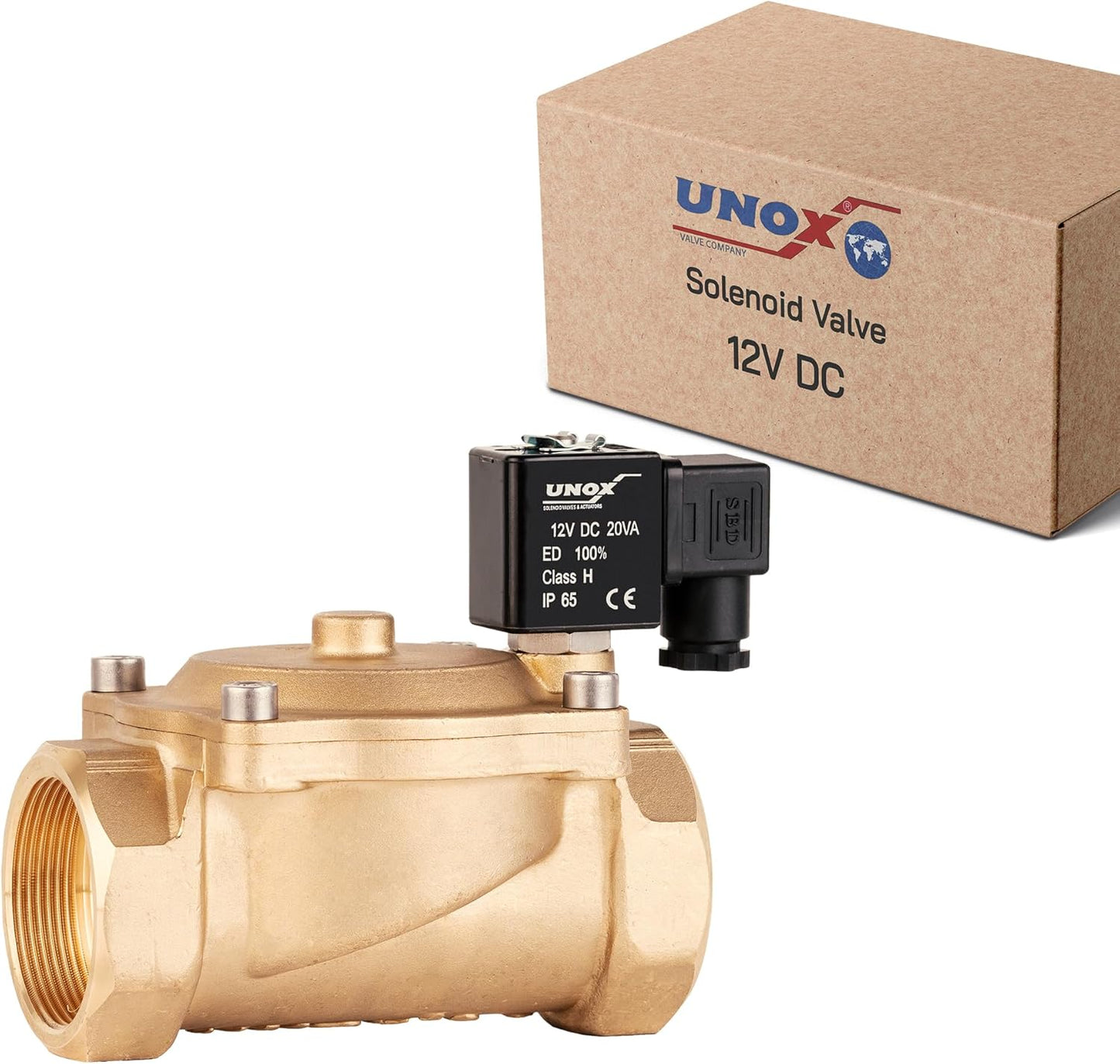 UNOX 1 1/2" NPT Solenoid Valve 12V DC, Brass Control Valve Normally Closed - 7-232 PSI Multi-Purpose Reliable Control Valve for Water, Air, and Gas - Solenoid Valves