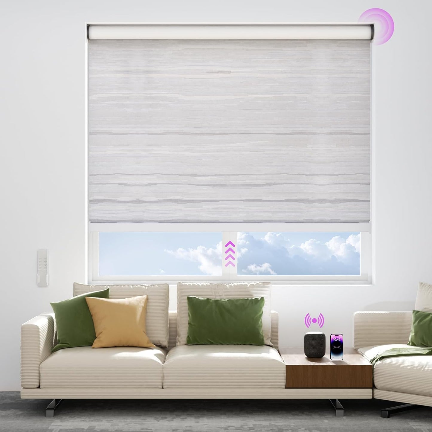 Astomi Motorized Blinds with Remote - Blackout Smart Roller Shades Compatible with Alexa & Goggle Home, Solar Rechargeable, Custom Size 22" - 100" for Indoor Window, Silver Grey