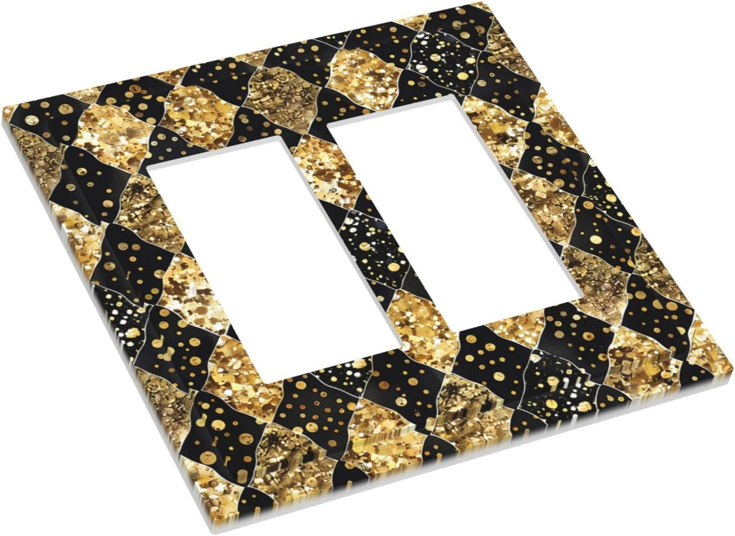 Gold Black Marble Geometric Plaid Glitter Decorative Outlet Covers 2 Gang Double GFCI Rocker Light Switch Cover Plate Electrical Wall Panels for Bedroom Bathroom Decor