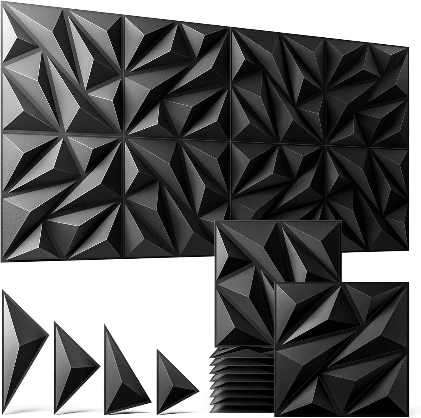 64 Pack 3D Wall Panels for Interior Wall Decor, 11.8'' x 11.8'' Decorative Wall Panels, Accent Wall Panels, 3D Diamond Design Wall Decor for Living Room, Bedroom, Gaming Room, Black