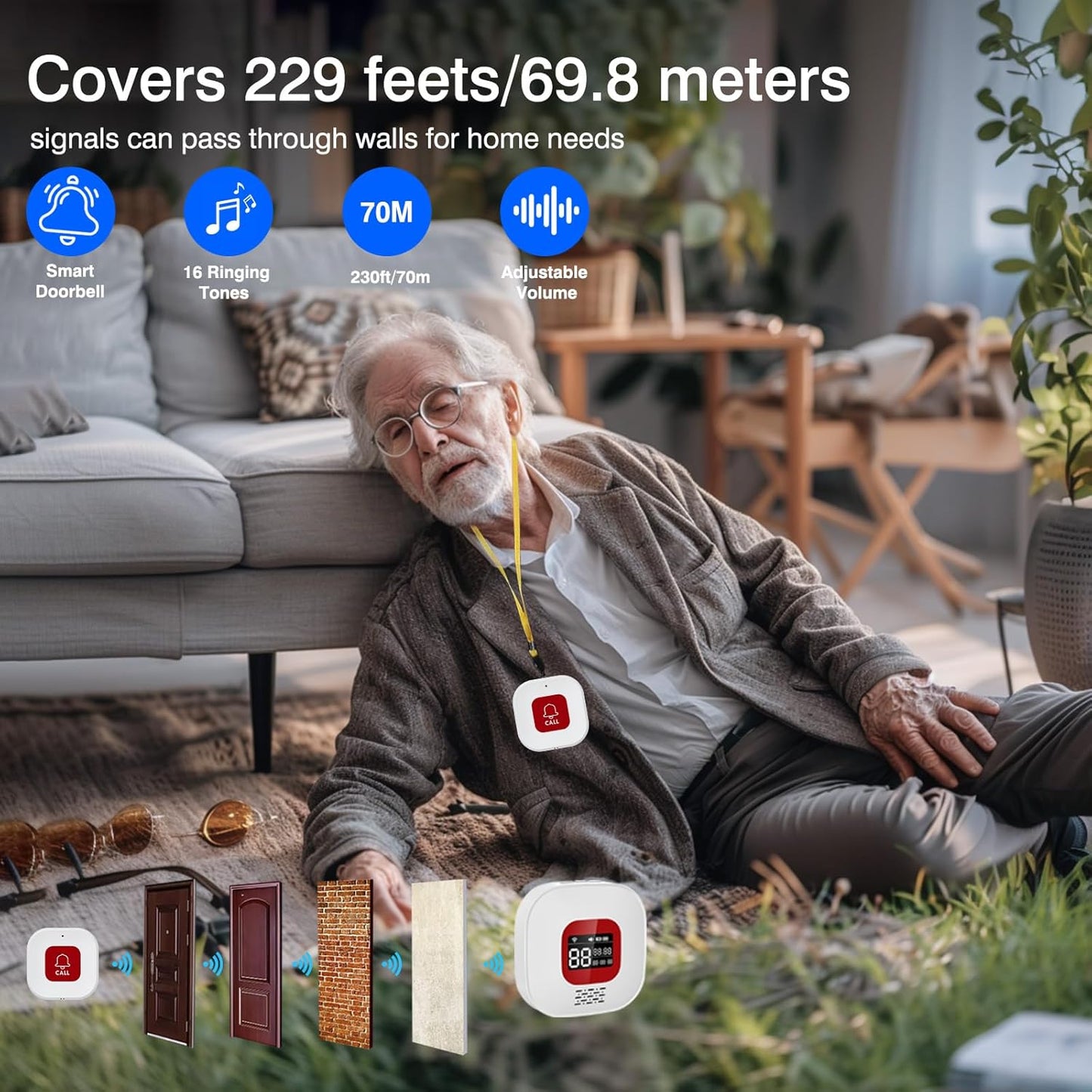 eMylo Caregiver Pager Wireless Call Buttons,Smart Monitoring System Call Bell,Emergency Button for Elderly Senior Compatible with Tuya/Smart Life(1 Receiver + 2 Panic Emergency Buttons)