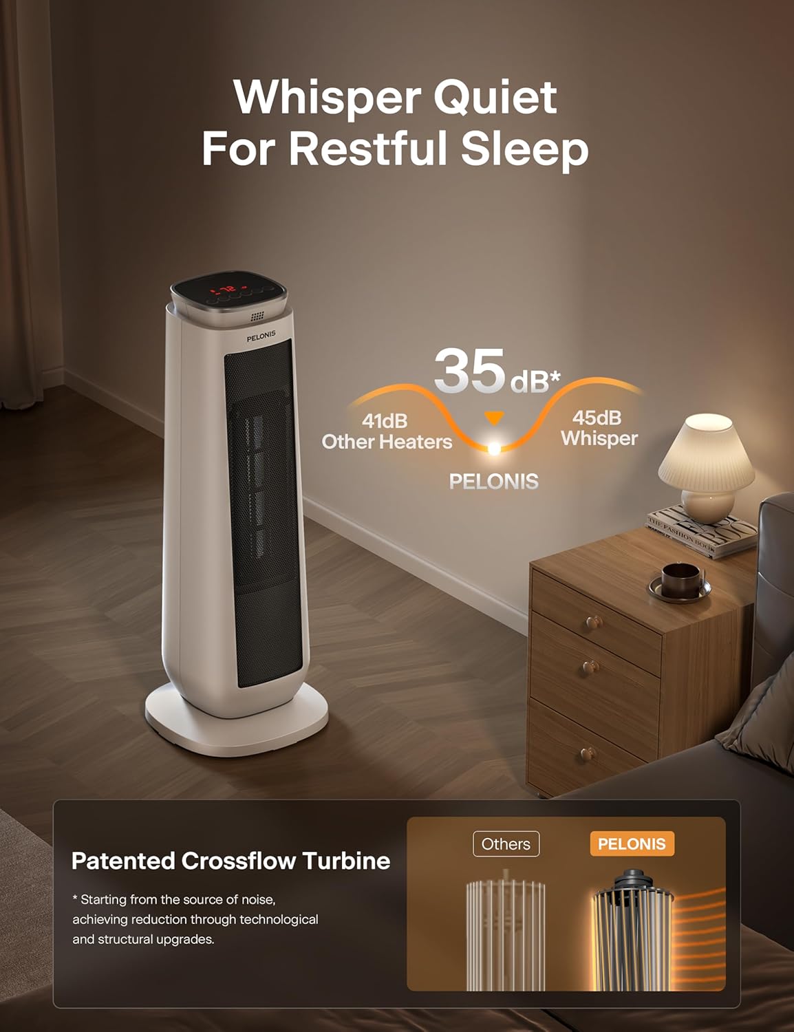 PELONIS 23” Oscillating Ceramic Tower Space Heater with Remote & Thermostat, Electric Energy Efficient Floor Heater for Indoor Use Large Room Safe with Timer, ECO Mode, 1500W, White