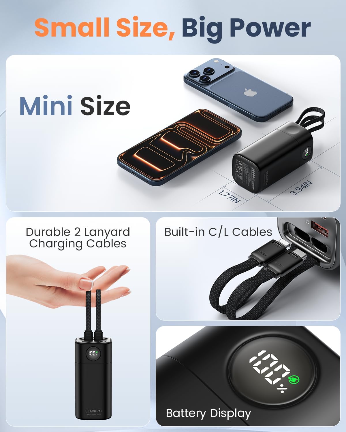 Portable Power Bank 20,000mAh, PD 35W Portable Charger Super Fast Charging with 2 Built-in Cables, USB-C Digital Display Battery Pack for iPhone Air 17/16/15/14/13, Portable Travel Charger