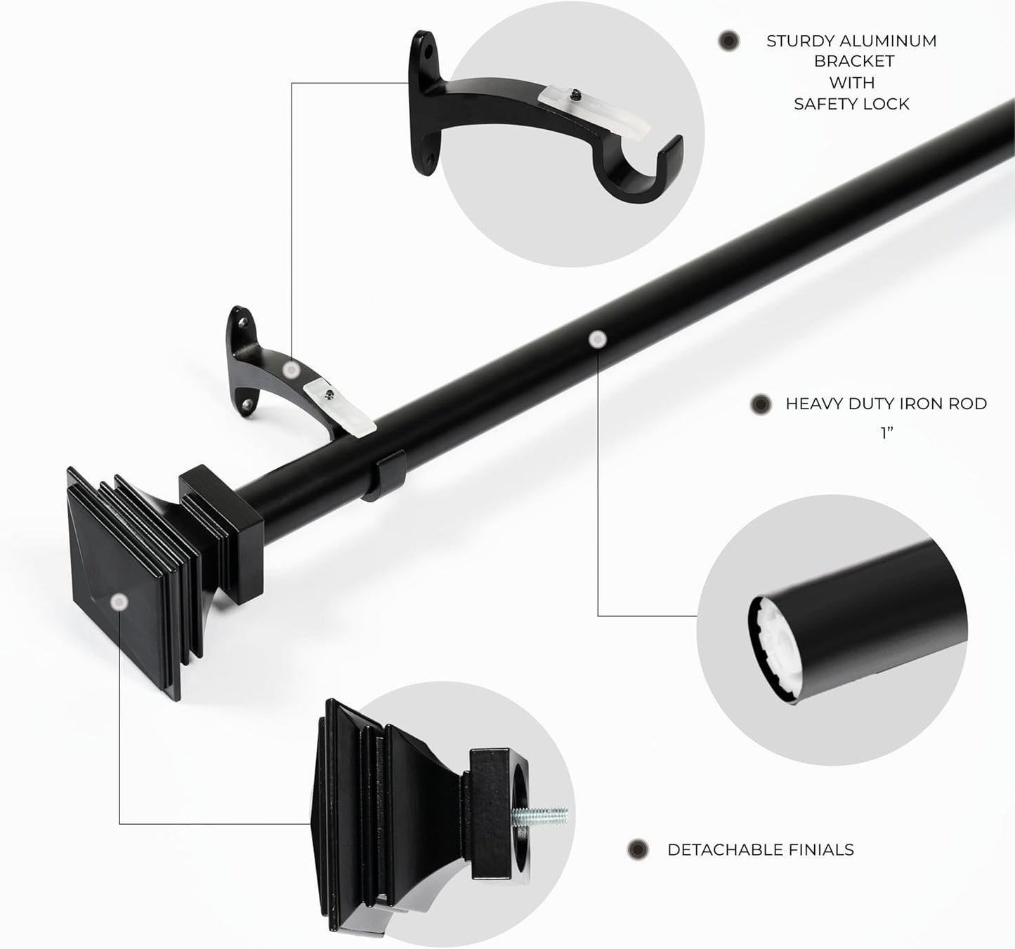 Deco Window Adjustable Curtain Rod for Windows 44 to 120 Inch (Pack of 1) Extendable Heavy Duty 1 Inch Iron Drapery Pole with Finials Wall Mounted French Door Curtain Rods (Black)