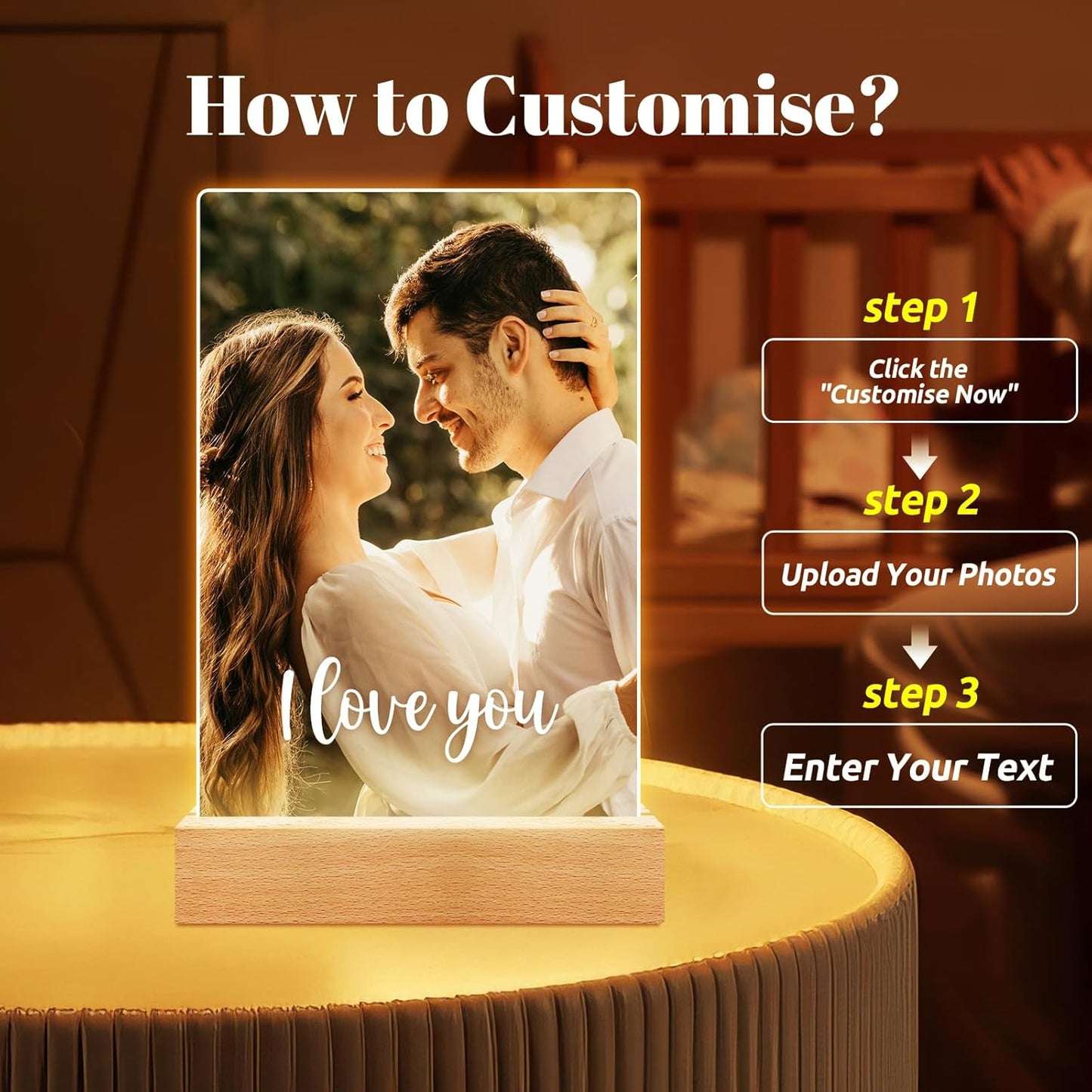 Custom Picture Frames with Photo, Personalized Photo Frame with Night Light, Customized Picture Frame, Personalized Anniversary Valentines Day Gifts for Women Men Girlfriend Boyfriend Her Him