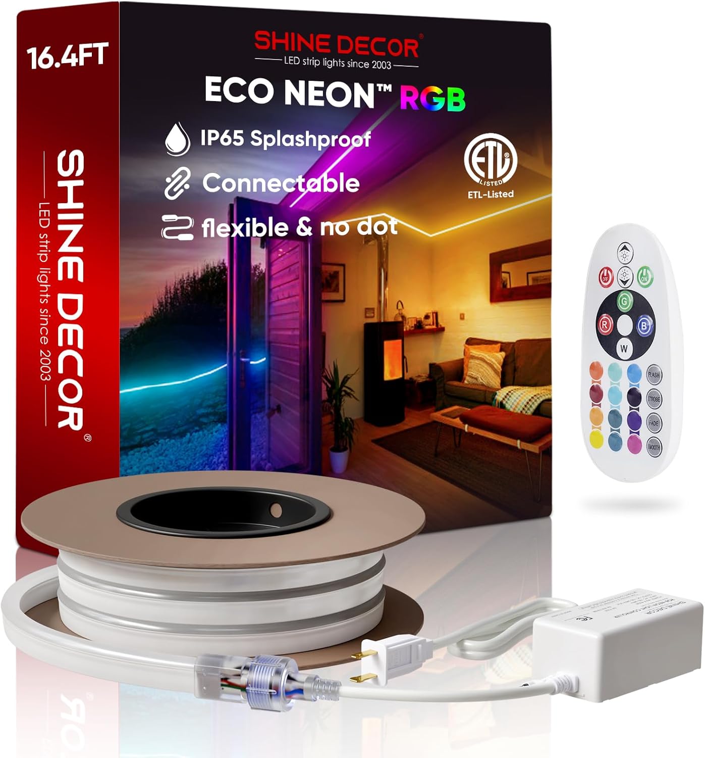 Shine Decor LED RGB Neon Rope Lights AC 120V, Expandable & Cuttable Bright Strip Lighting with Remote, Dimmable Color Changing, ETL Cold-Resistant & IP65 Waterproof for in&Outdoor, 10x20mm, 16.4FT