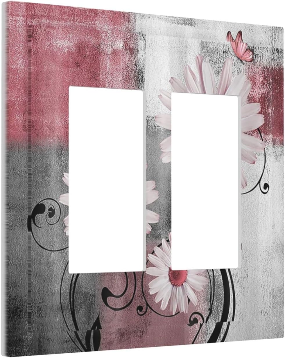 Decorative Outlet Covers Pink Floral Rustic Daisy Flower And Butterfly 2 Gang Double GFCI Rocker Electrical Wall Panels Light Switch Cover Plate for Farmhouse Cabin Decor