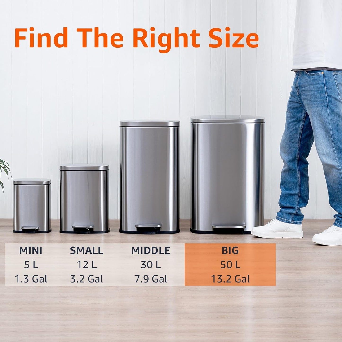 Amazon Basics Smudge Resistant Rectangular Trash Can With Soft-Close Foot Pedal, Brushed Stainless Steel, 50L/13.2 Gal, 16.7x14.7x25.9 in, Satin Nickel Finish