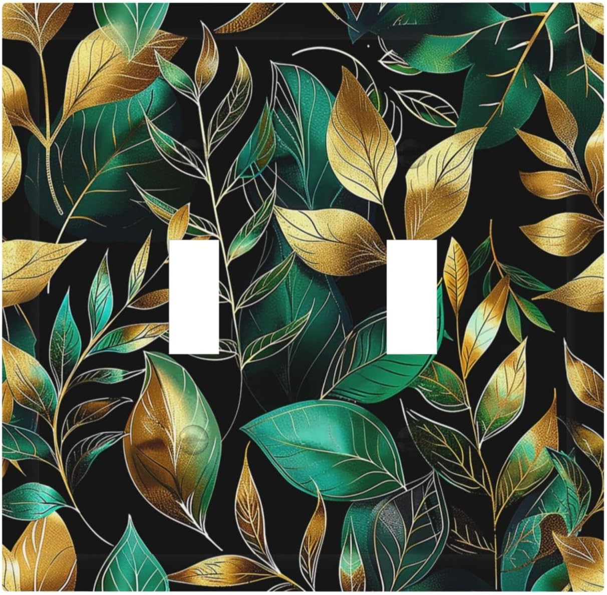 Decorative Switch Plates Vintage Dark Green Vine Leaf Golden Plants 2 Gang Double Toggle Outlet Light Switch Cover Wall Plate Electrical Faceplate for Bed Room Cabin Decor