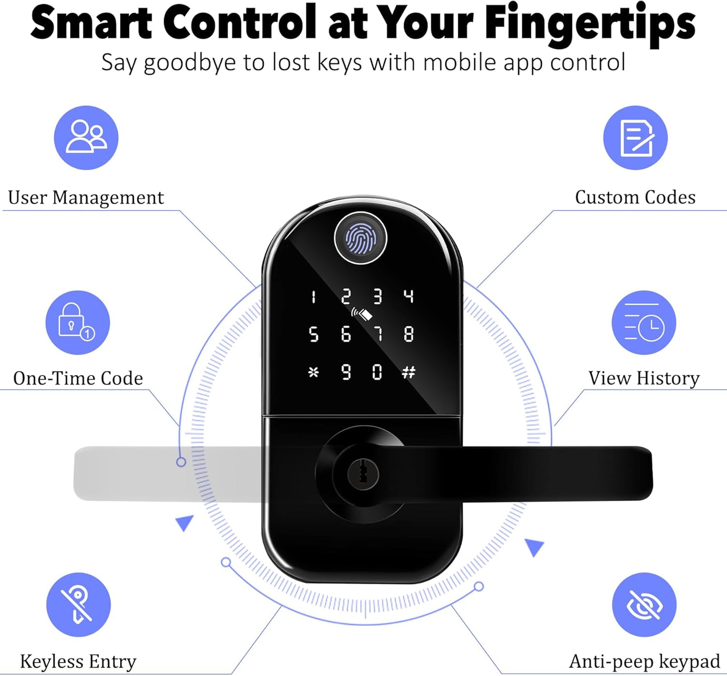 Fingerprint Smart Door Lock with Handle, Keyless Entry Door Knob with Digital Keypad, Electric Deadbolt Remote App Access & Doorbell, Digital Lock for Home, Office Matte Black