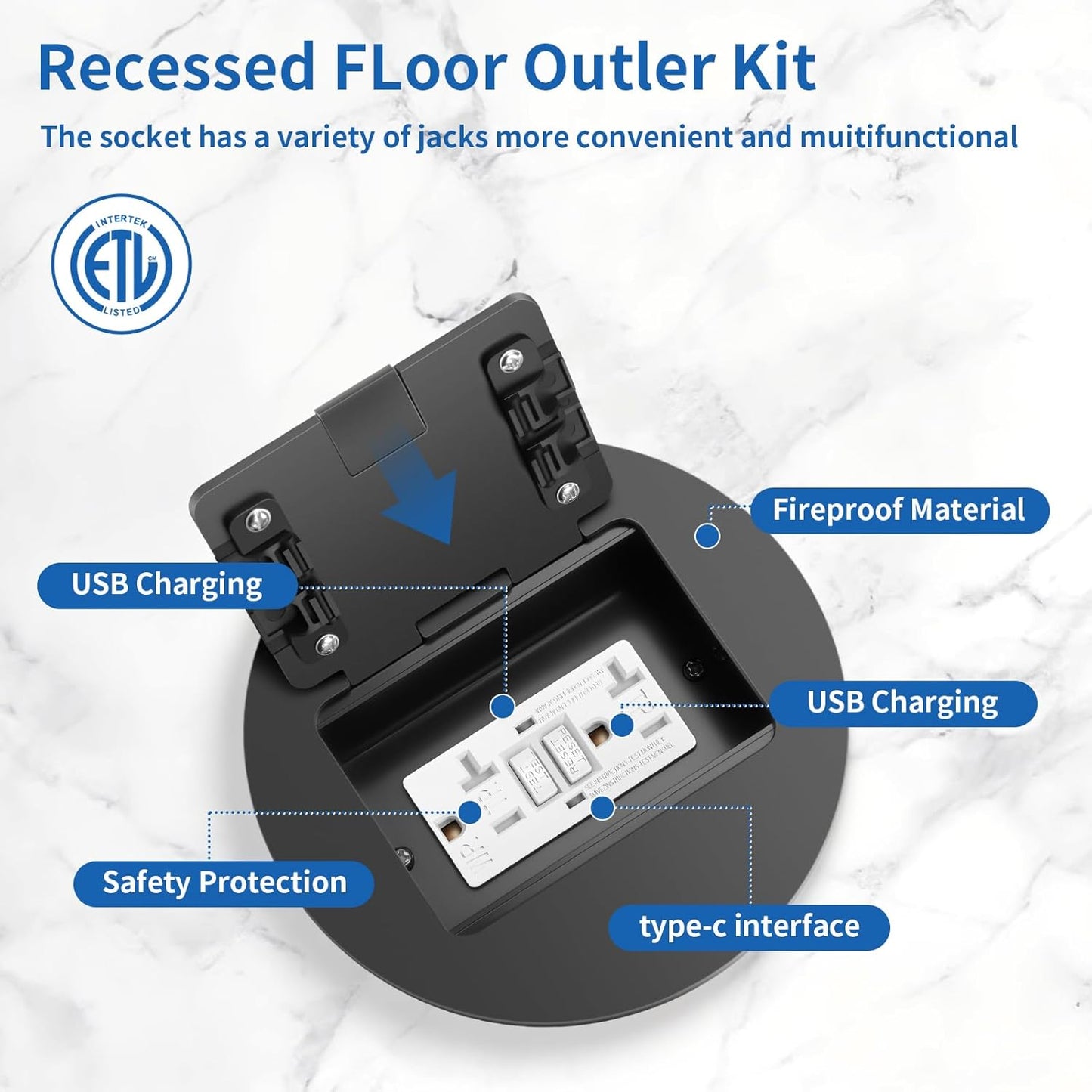 Vagueior Recessed Floor Electrical Outlet Kit, Circular Hidden Duplex GFCI Outlet,20A Tamper-Resistant Receptacle Outlet，Waterproof Electrical Outlet Covcer Box, UL Certified,Black（2 Pack