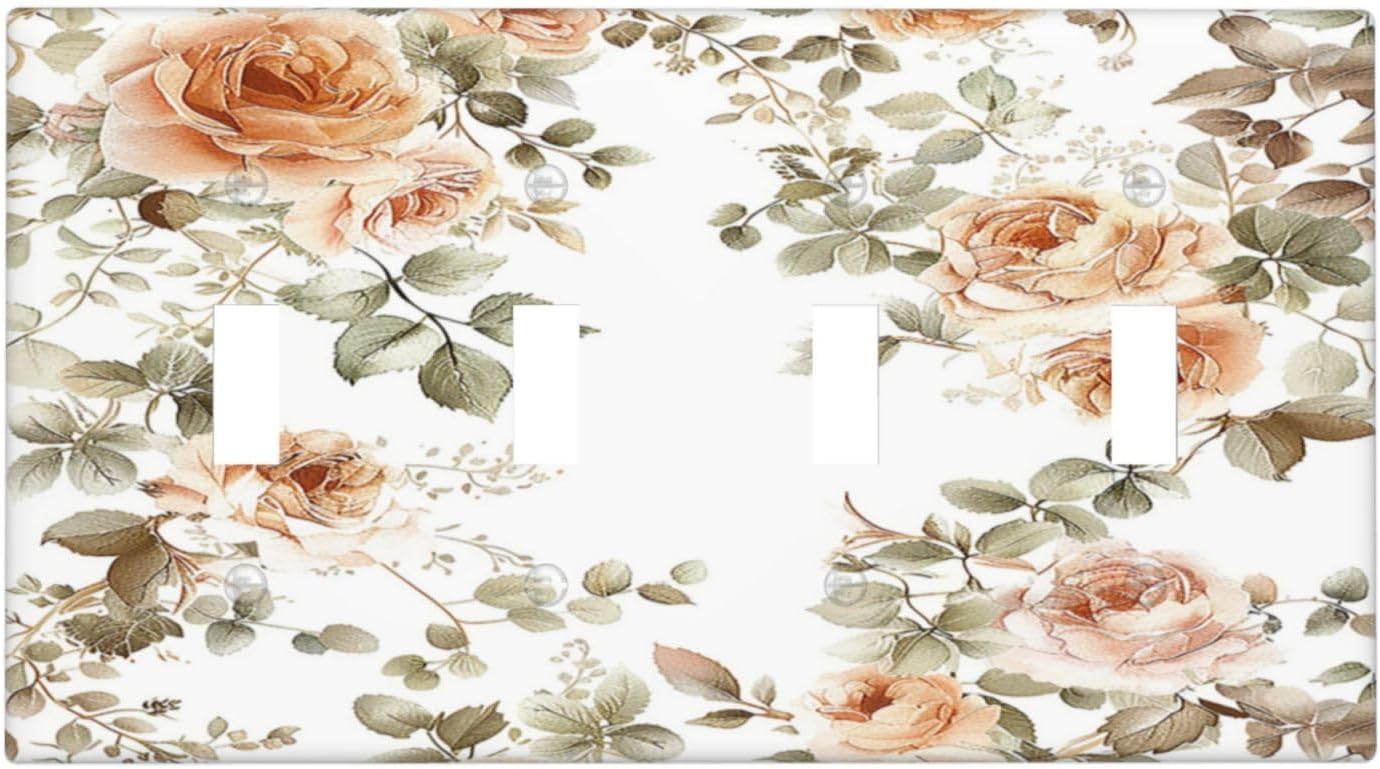 Light Switch Covers Vintage Warm Color Orange Flowers And Leaves Quad Toggle Electrical Faceplate 4 Gang Wall Plate Decorative Switch Plates for Bedroom living Room Decor