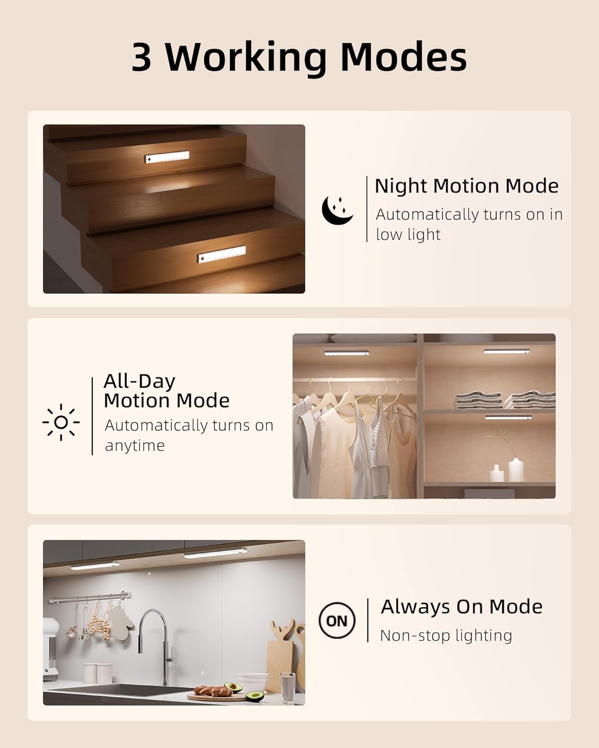 EZVALO 3-Pack Under Cabinet Lighting, 2000mAh Rechargeable Wireless Motion Sensor Lights, 62LEDs, 3 Color Temps, Dimmable, Timer, Magnetic, with Remote Control for Kitchen, Closet, Stair