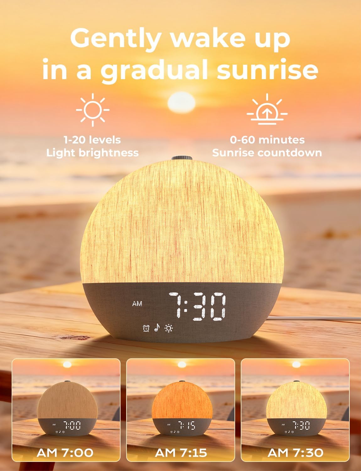 LIORQUE Sunrise Alarm Clock, Digital Alarm Clocks Bedside, 30 Sleep Sounds, Sleep Timer, Adjustable Volume & Brightness,Screen Free Design, Bluetooth, Wake up Light with White Noise for Heavy Sleepers