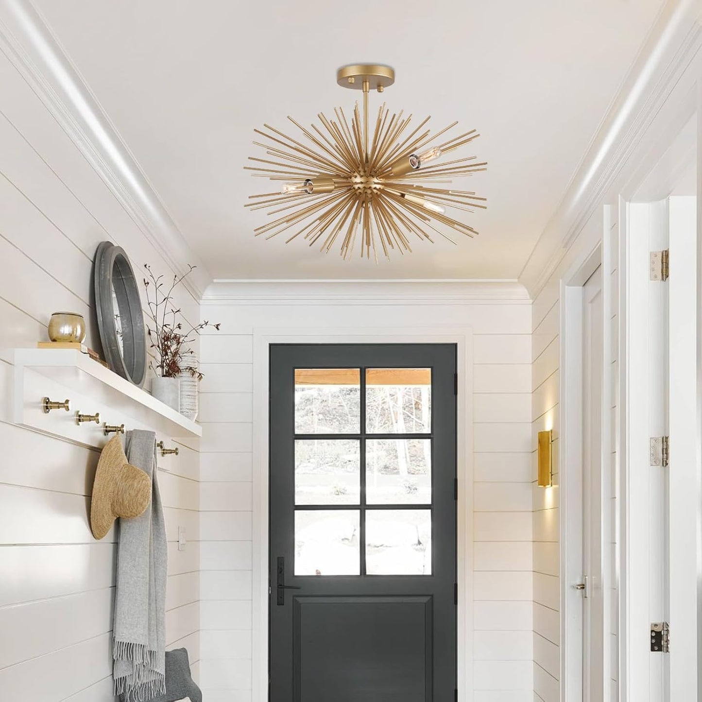 Starburst Chandelier, 4 Lights Modern Gold Sputnik Chandelier Vintage Light Fixture Flush Mount Ceiling Light for Bedroom Kitchen Island Entryway Foyer,20in