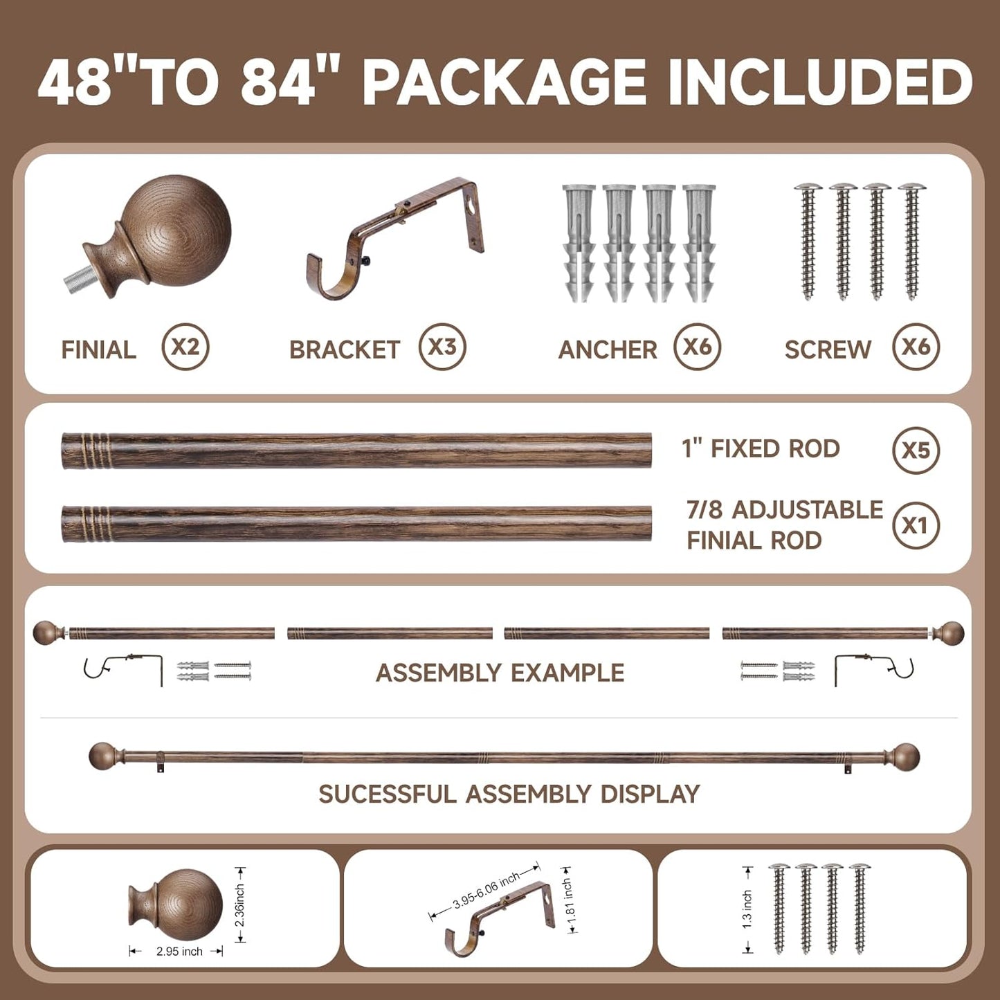 BRIOFOX Walnut Wood Curtain Rods for Windows 48 to 84 Inch(4-7.33ft) - 1'' Diameter Heavy Duty Curtain Rods with Imitation Wood Grain Pattern Finials,Adjustable Decorative Curtain Rods Set,28-88''
