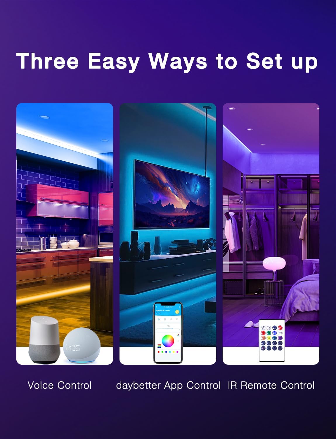 DAYBETTER Smart WiFi Led Strip Lights App Controlled Compatible with Alexa and Google Assistant Timer Schedule RGB Strip Color Changing Décor for Bedroom Party Kitchen 50ft