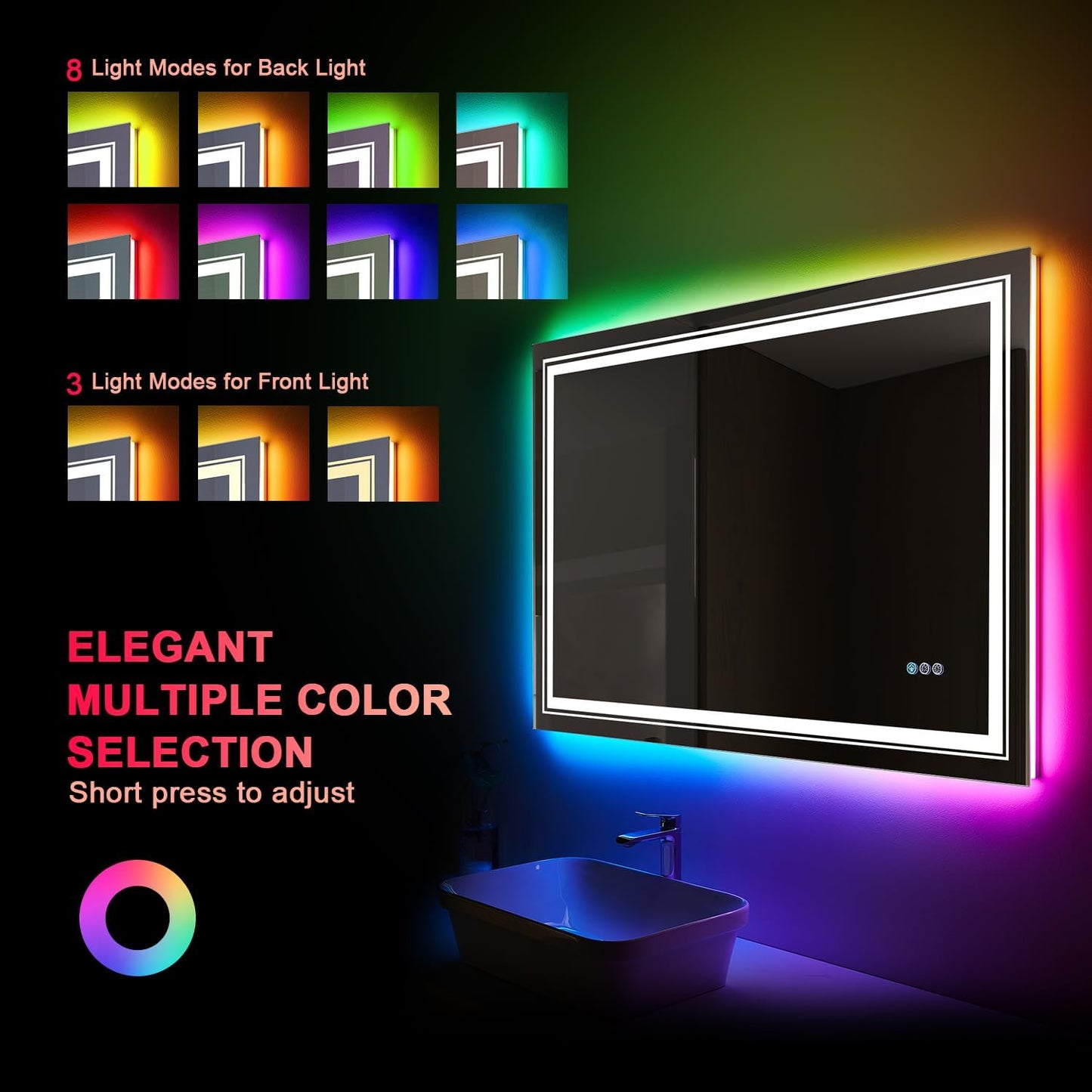 LED Mirror for Bathroom, 30"X36" with 8 RGB Backlit +3 Front Lit (Adjustable Individually), Anti-Fog, Lighted Bathroom Vanity Mirror for Wall, Shatterproof, Memory Function, Tempered Glass