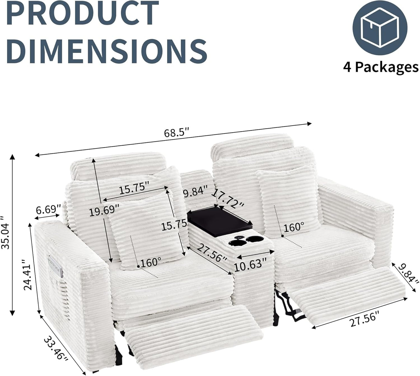 LEVNARY 2-Seater Modular Reclining Sofa with Center Console, Faux Rabbit Fur Power Recliner Loveseat with Cup Holders, USB Charging, Side Pockets & 2 Pillows, Living Room Furniture (White)