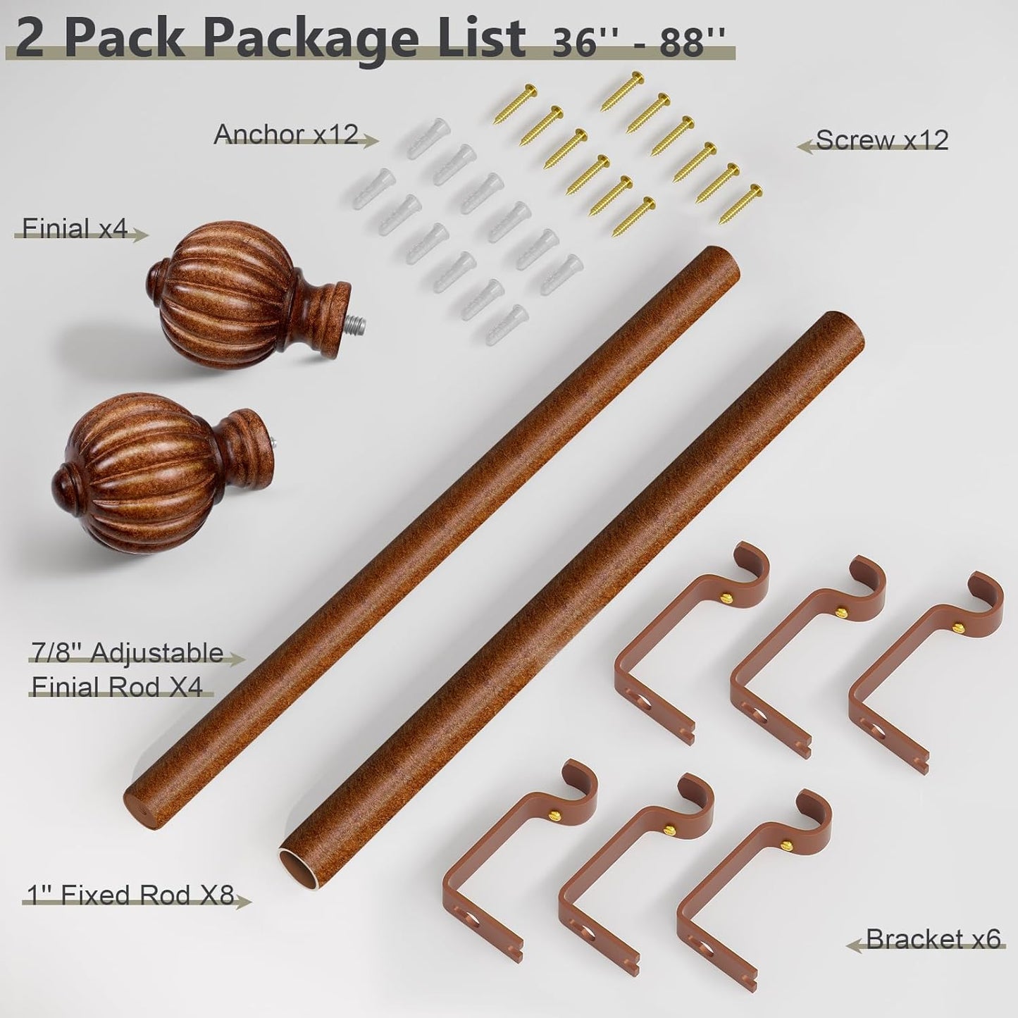 2 Pack Dark Brown Wood Curtain Rods for Windows 48 to 84 Inch, 1'' Adjustable Heavy Duty Curtain Rod，Vintage Imitation Wood Decorative Drapery Rods with Pumpkin Finials for Bedroom Living Room