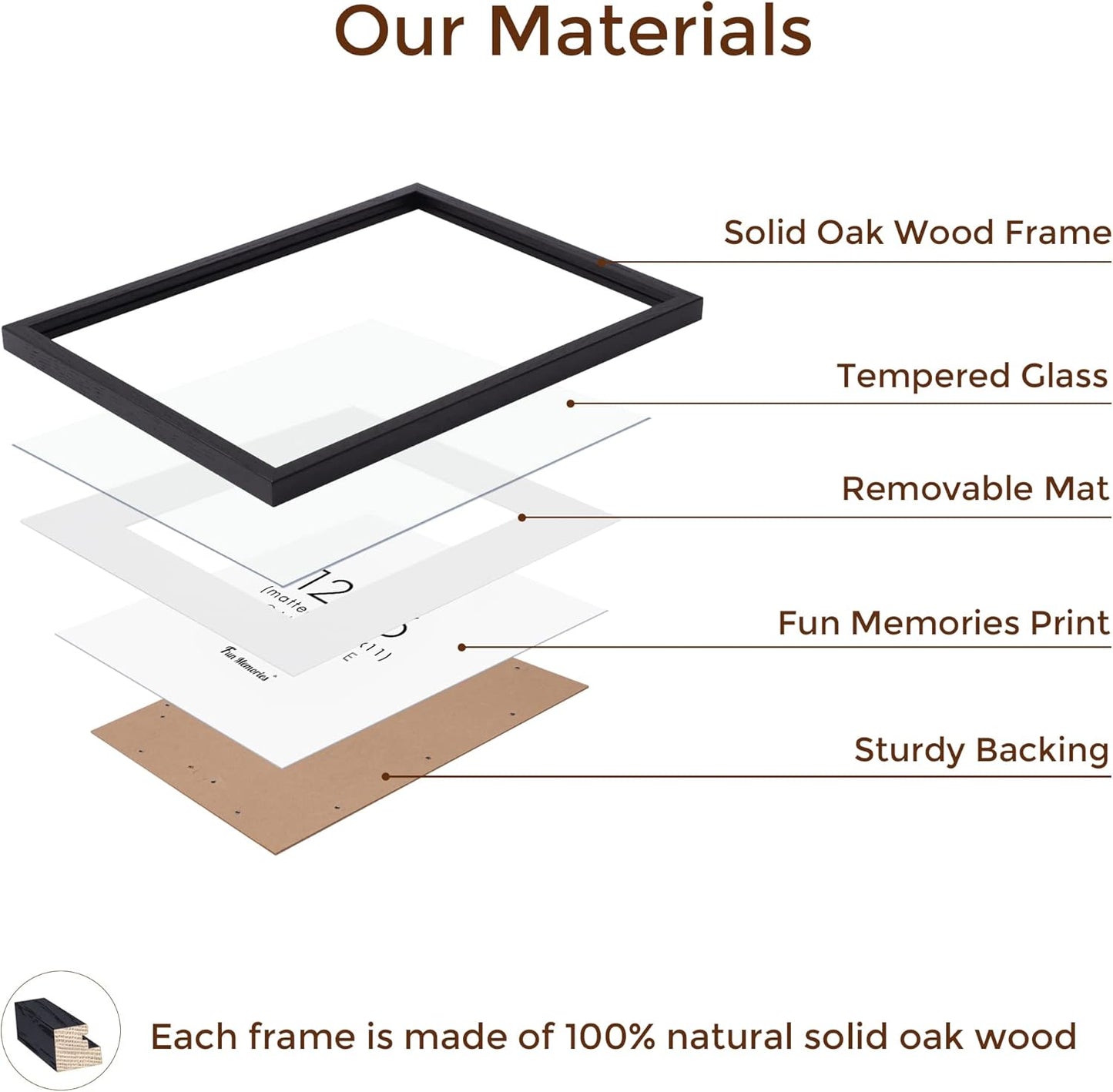 Fun Memories Black 12x16 Picture Frames, Solid Oak Wood Frame 12 by 16 Set of 3, Black Wood Frame with Mat & Tempered Glass, Matted to 8.5x11, Oak Wood Minimalist 12x16 Poster Frames