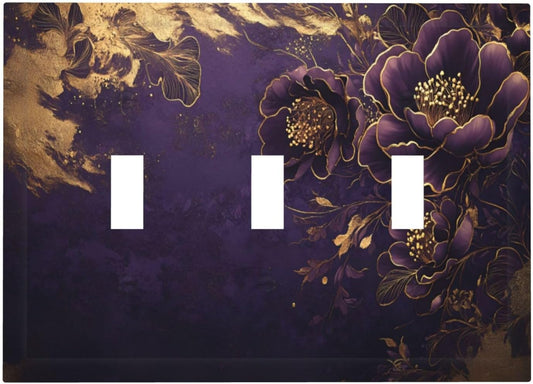 Decorative Purple Peony Gold Leaf Flowers Floral 3 Gang Wall Plate Oversized Triple Toggle Switch Cover Plate Jumbo Electrical Face Plate for Bedroom Decor