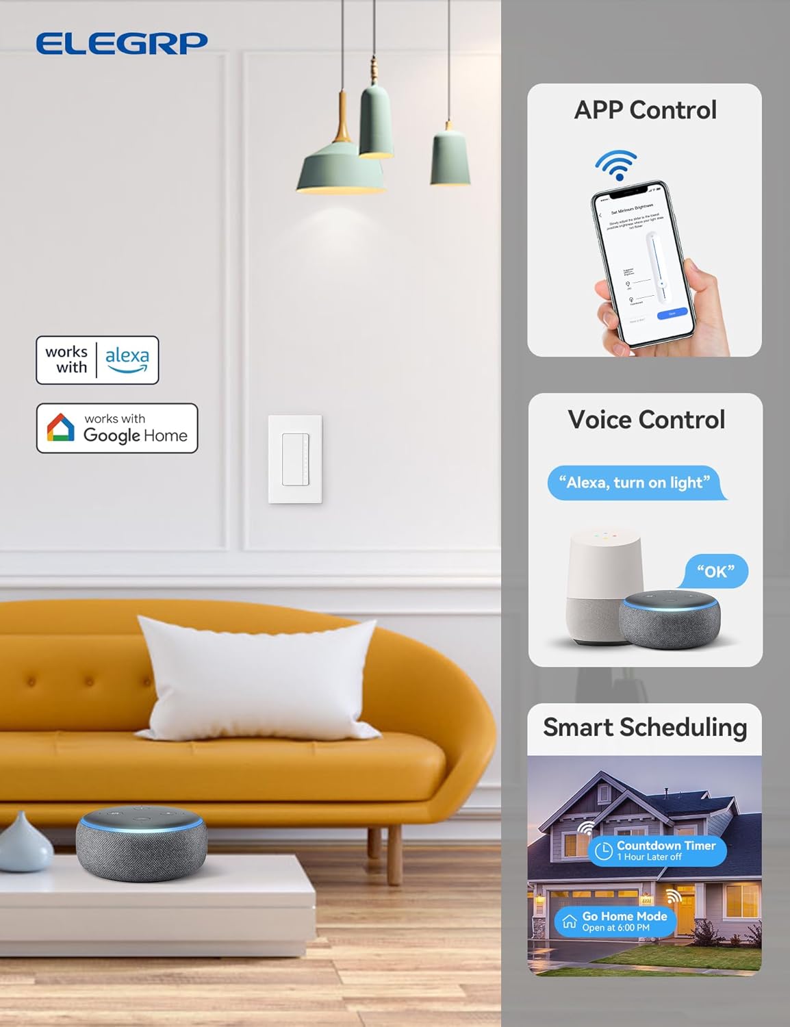 ELEGRP Smart Dimmer Light Switch DPR30, 2.4GHz Wi-Fi Dimmer Switch Compatible with Alexa and Google Assistant, Single Pole/3 Way, Needs Neutral Wire, No Hub Required, UL&FCC Listed, White, 2 Pack