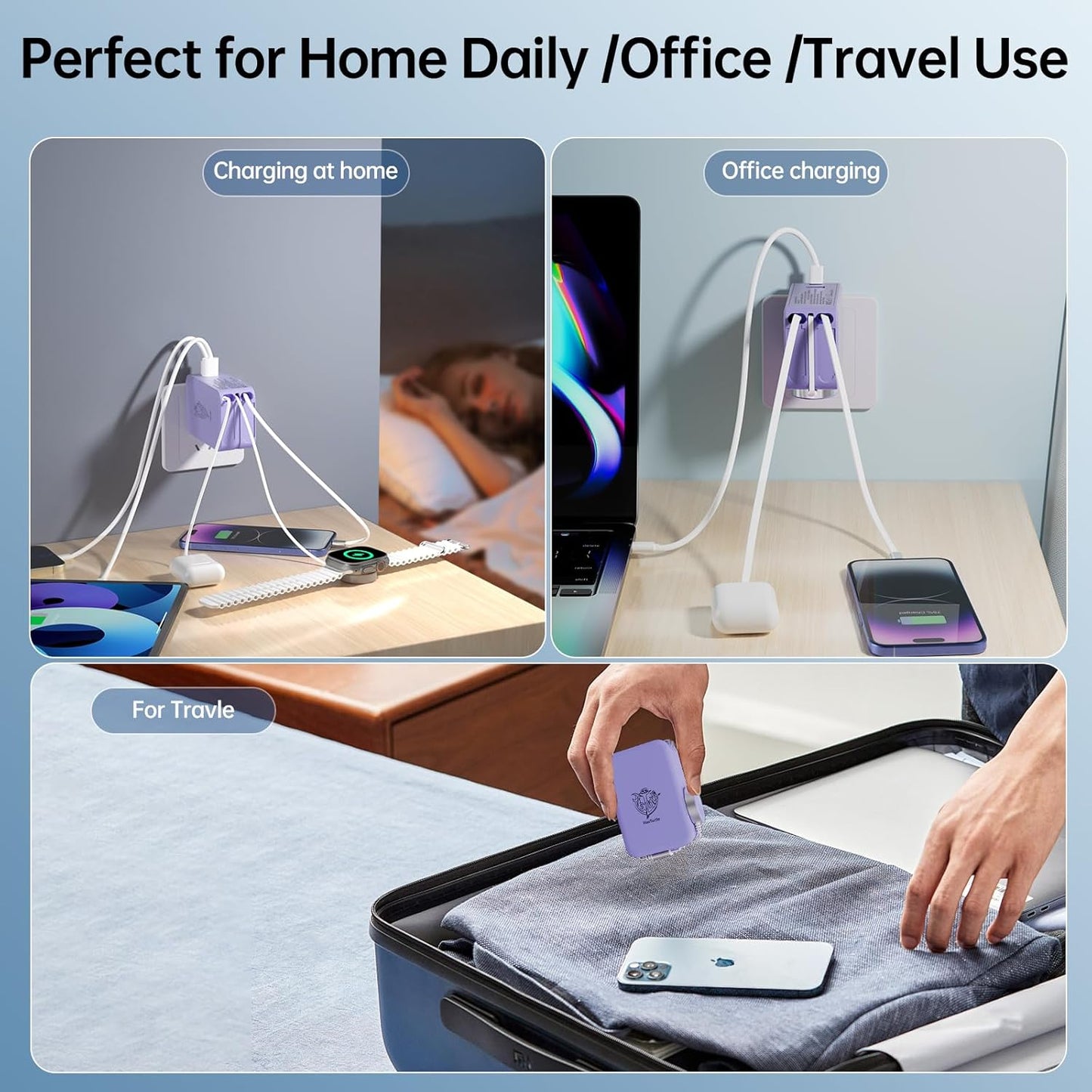 Retractable Apple Watch Charger, 5 in 1 Travel Charging Station for Apple Devices, Retractable Chargers for Multiple Devices with Multi Charging Cable, Charger Block for Apple Gear (Purple)
