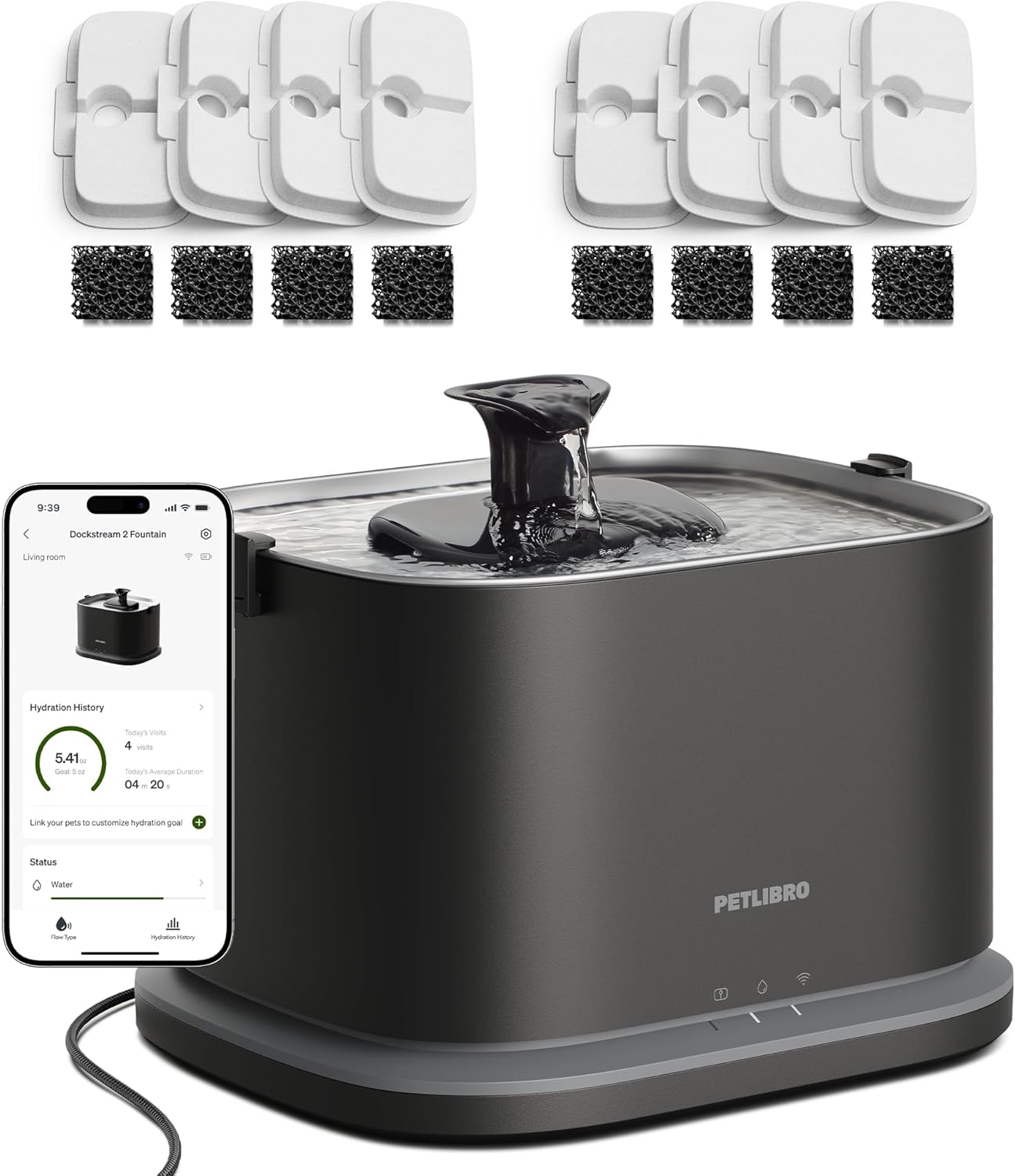 PETLIBRO Upgrade Cat Water Fountain + 8 Packs Filters, Dockstream 2 Smart App Monitoring Pet Water Fountain for Cats Indoor, 3L/101oz Cat Fountain Stainless Steel Tray for Drinking, 5G WiFi