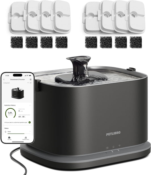 PETLIBRO Upgrade Cat Water Fountain + 8 Packs Filters, Dockstream 2 Smart App Monitoring Pet Water Fountain for Cats Indoor, 3L/101oz Cat Fountain Stainless Steel Tray for Drinking, 5G WiFi