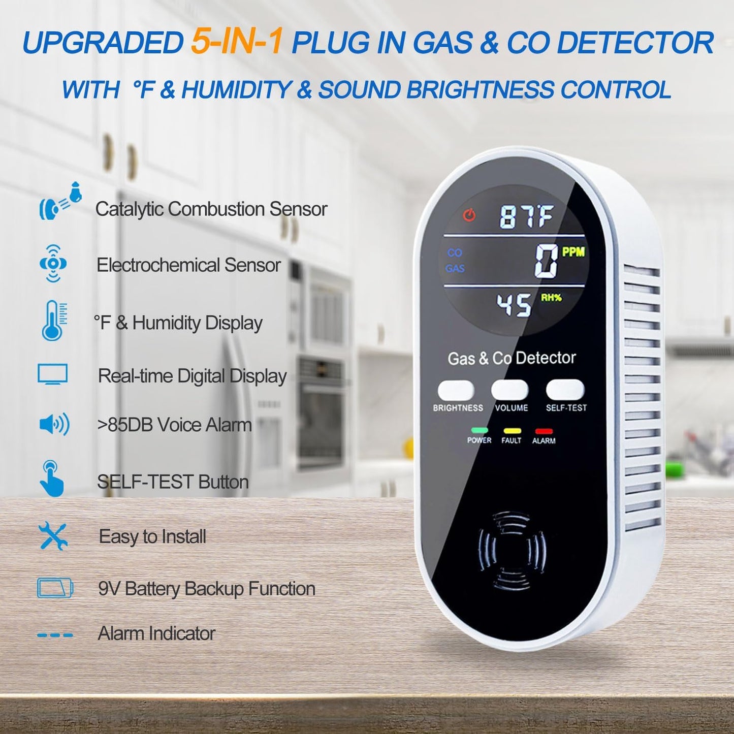 5-in-1 Upgraded Gas & Carbon Monoxide Detectors Plug in, Combination Natural Gas Detector and Carbon Monoxide Detector with ℉, Humidity and Sound, Brightness Control, Holds 9V Battery (not Included)