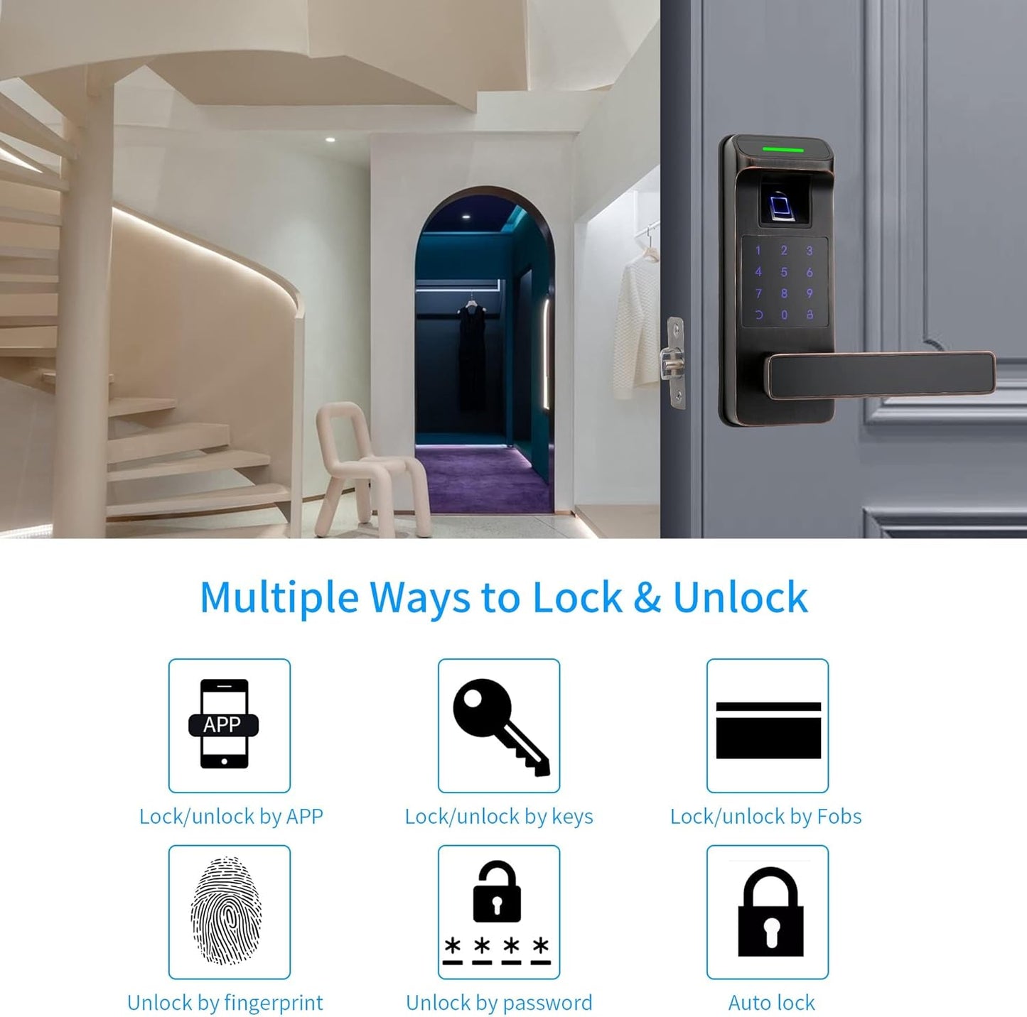 Harfo Fingerprint Door Lock, Heavy Duty Full APP Control Touchscreen Keypad Keyless Lock with Reversible Handle, Perfect for Home/Office/Bedroom Doors (Aged Bronze)