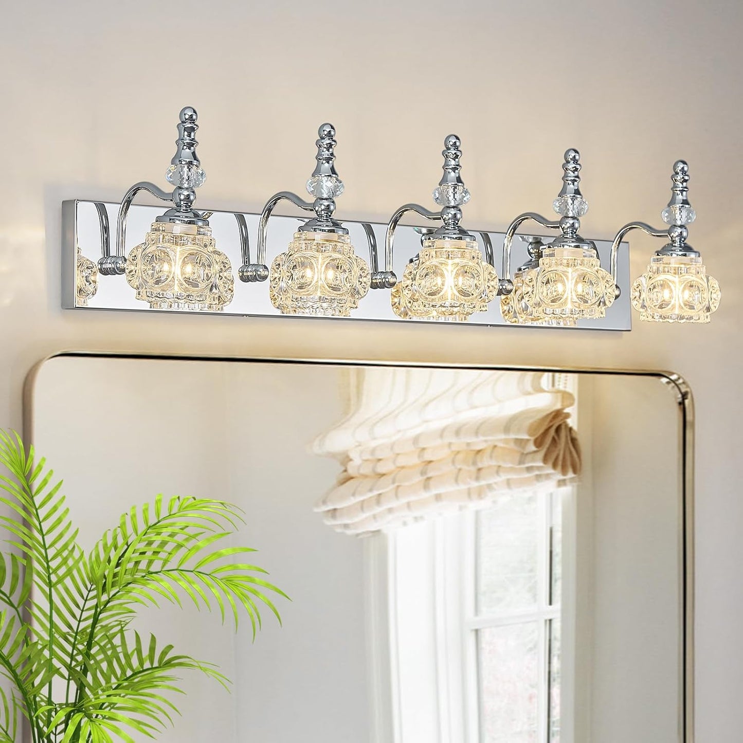 Modern Glass Crystal Vanity Light - Vintage Bathroom Lighting Fixtures Over Mirror, 5 Light Vanity Lights, G9 Bulb (35.43 Inch, Chrome)