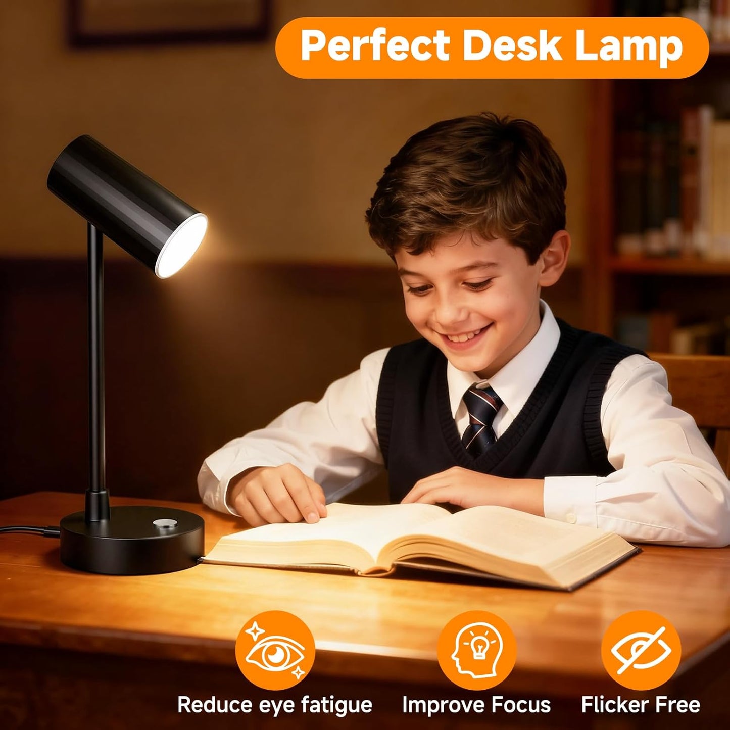 ShineTech Adjustable LED Eye-Caring Desk Lamp, Dimmable Stepless Brightness, 3 Color Modes, Touch Nightstand Lamp for Home Office, Study, Bedroom, Black