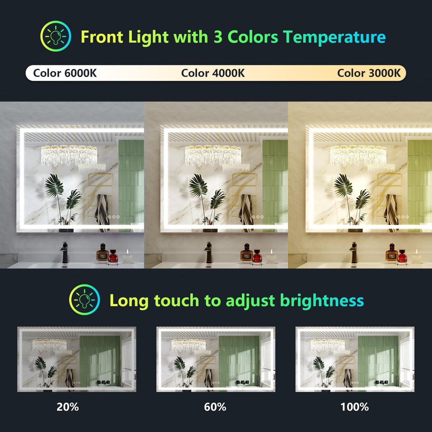68x36 Inch RGB LED Bathroom Mirror Front Light and RGB Backlit Lighted Vanity Mirror for Bathroom Wall Mounted Dimmable Anti Fog Memory Shatter-Proof IP54 Waterproof Horizontal/Vertical