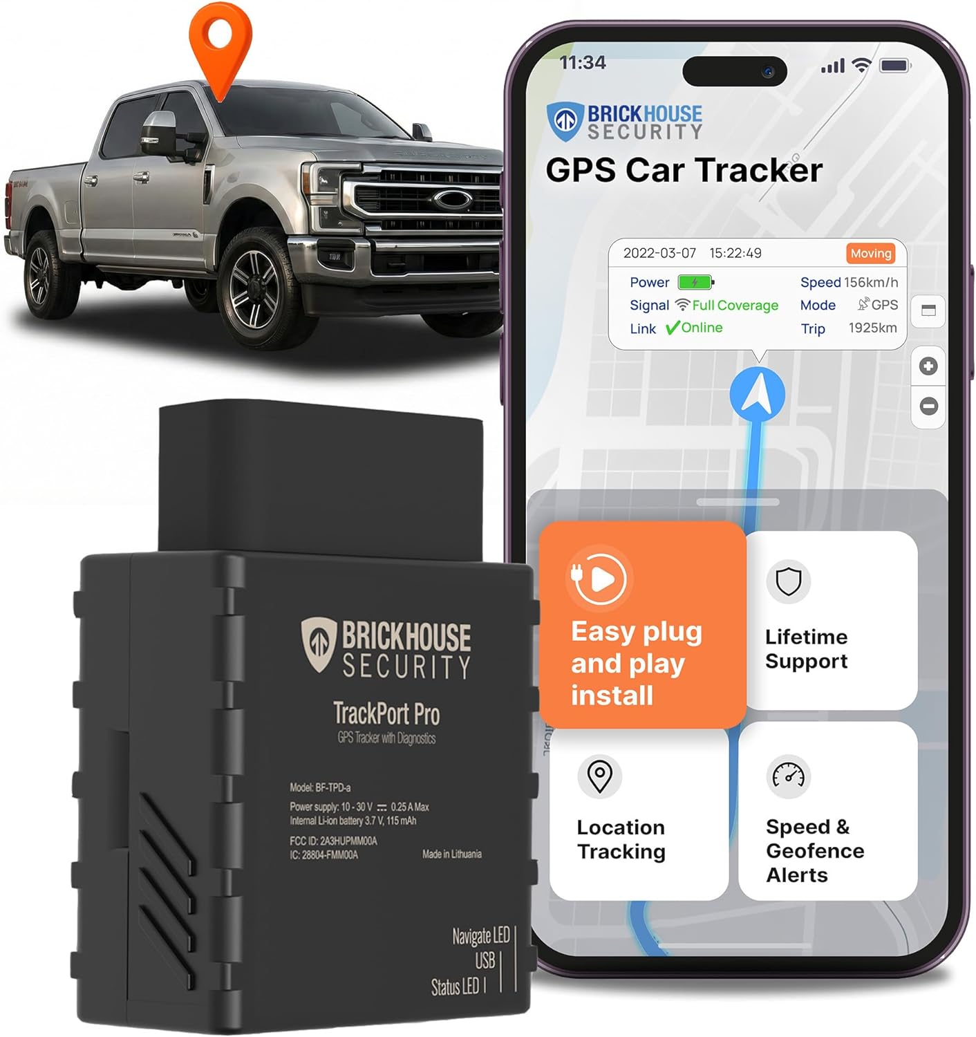 Brickhouse Security TrackPort Pro - Diagnostic GPS Tracker for Vehicles, Car Location, Speed, Battery Health, Mileage, Vehicle Diagnostic Data Report - Plugs into OBD Port - Subscription Required