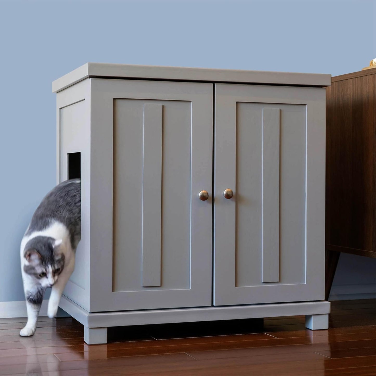 The Refined Feline Cat Litter Box Enclosure Cabinet, Shaker, Smoke Gray, Square Feet, Large, Hidden Litter Cat Furniture with Drawer