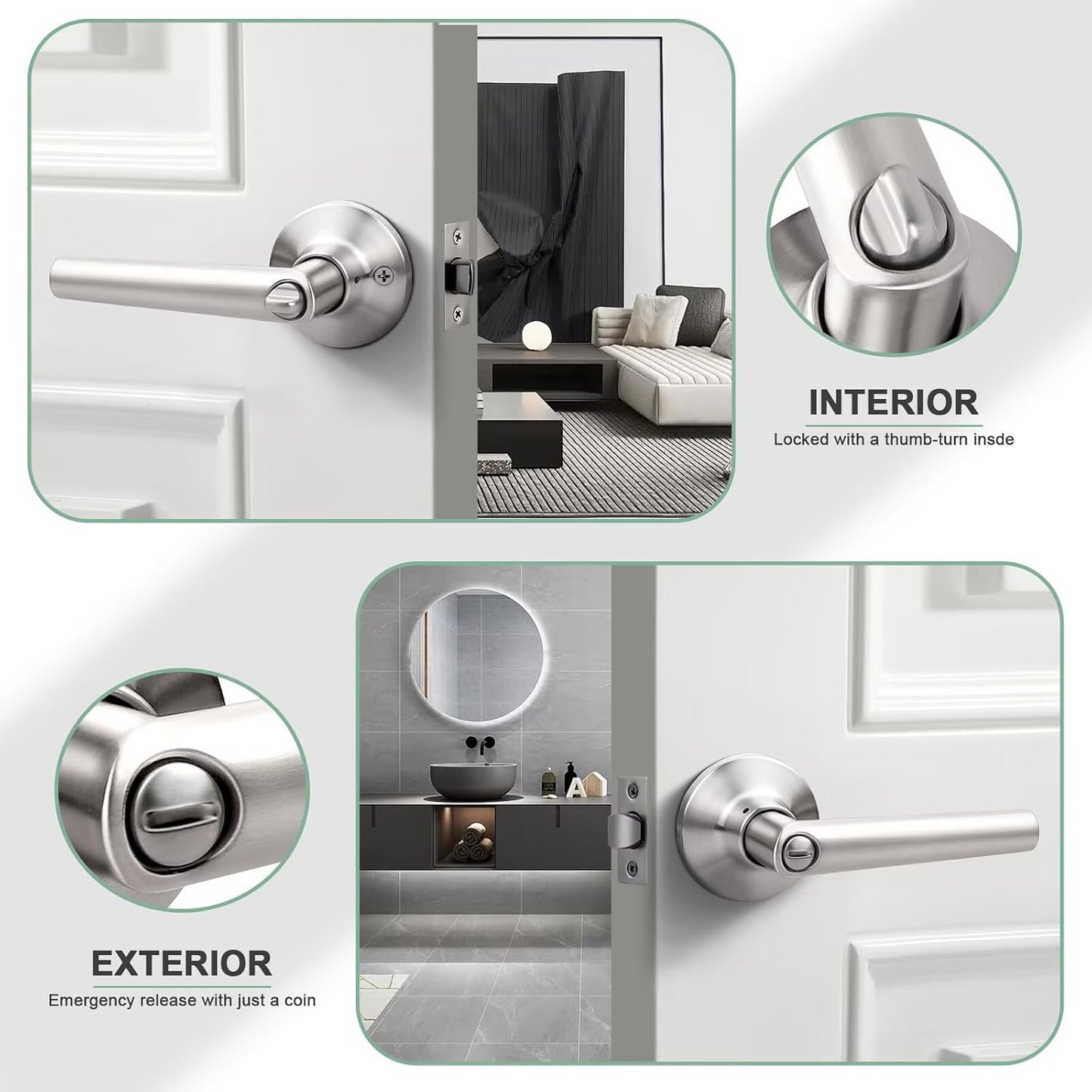 GOBEKOR 4 Pack Brushed Nickel Door Handles Privacy Door Levers with Lock,Heavy Duty Interior Door Handles for Bedroom and Bathroom,Sleek Round Door Lever Satin Nickel with No Key